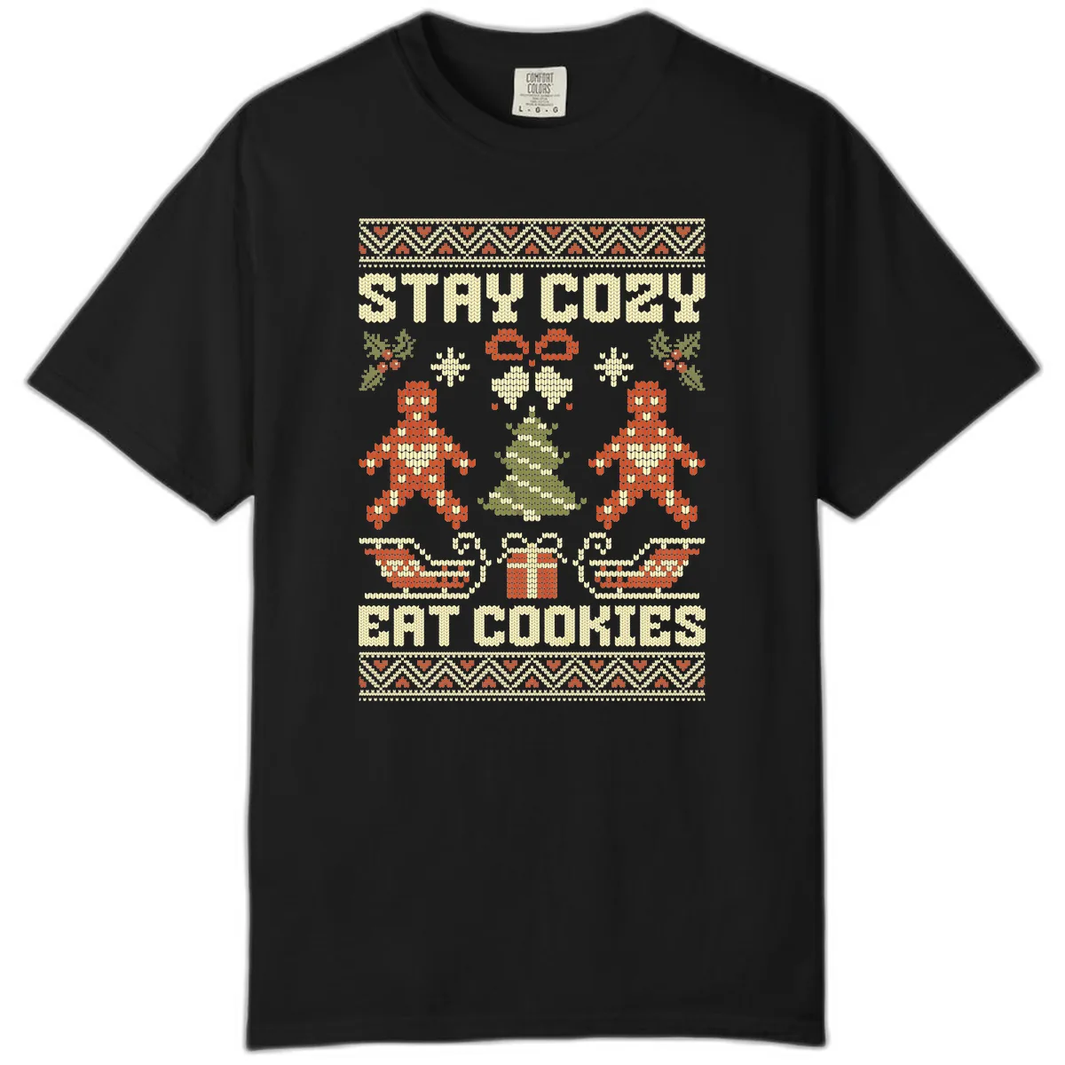 Stay Cozy Eat Cookies Ugly Christmas Sweater Comfort Color in Black