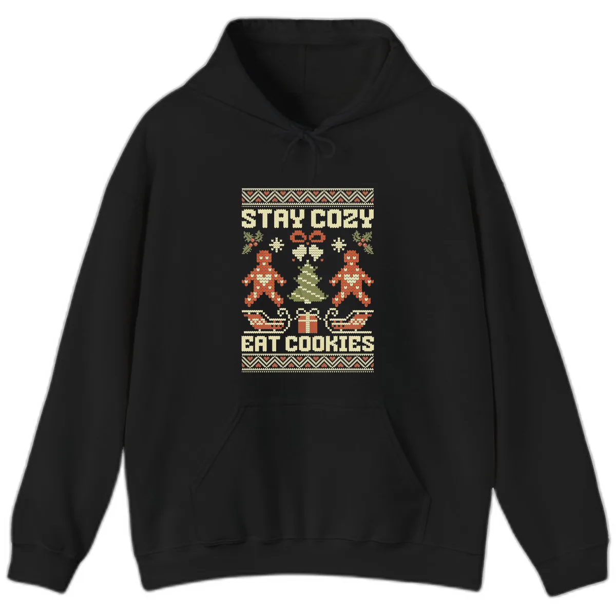 Stay Cozy Eat Cookies Ugly Christmas Sweater Hoodie in Black