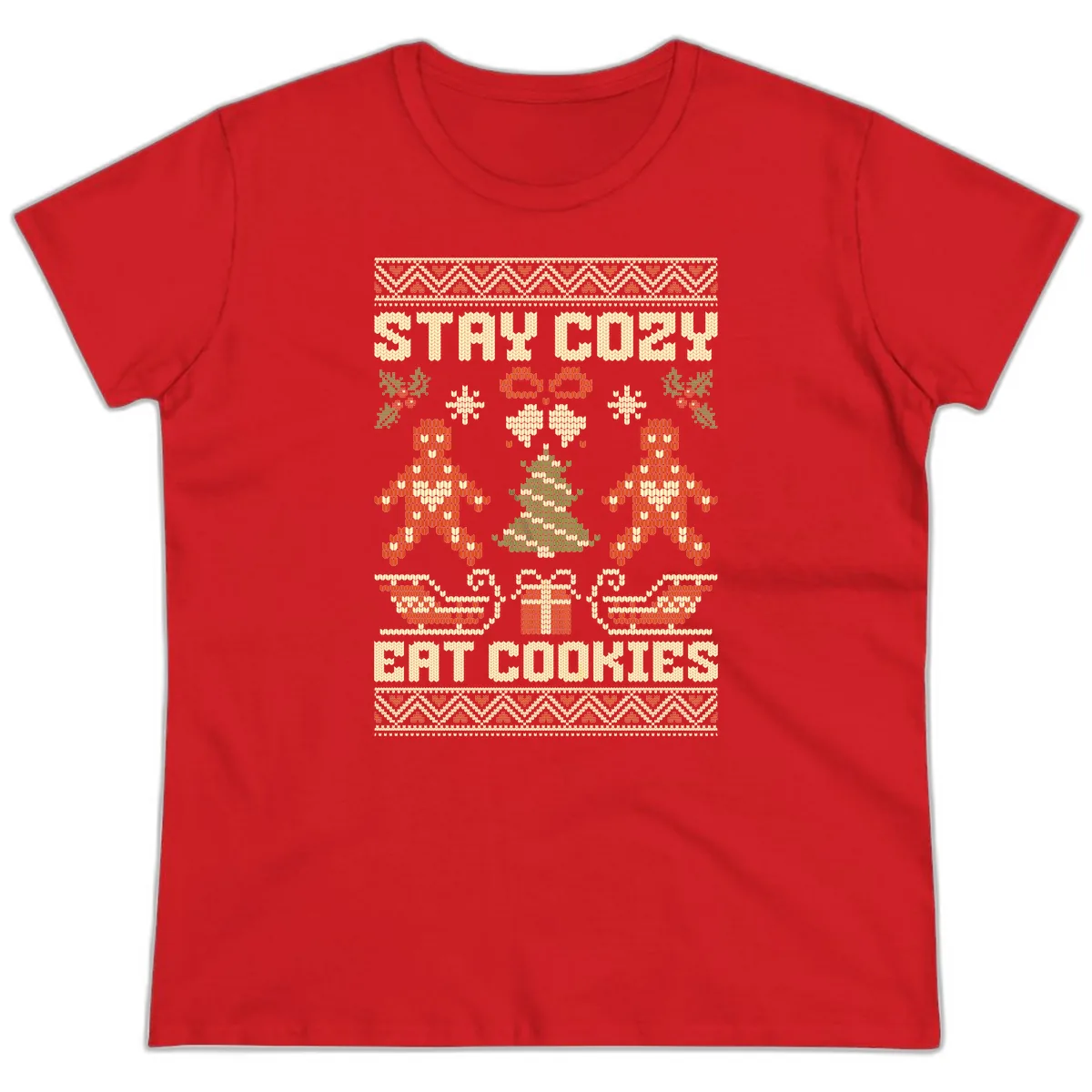 Stay Cozy Eat Cookies Ugly Christmas Sweater Ladies Tee in Red