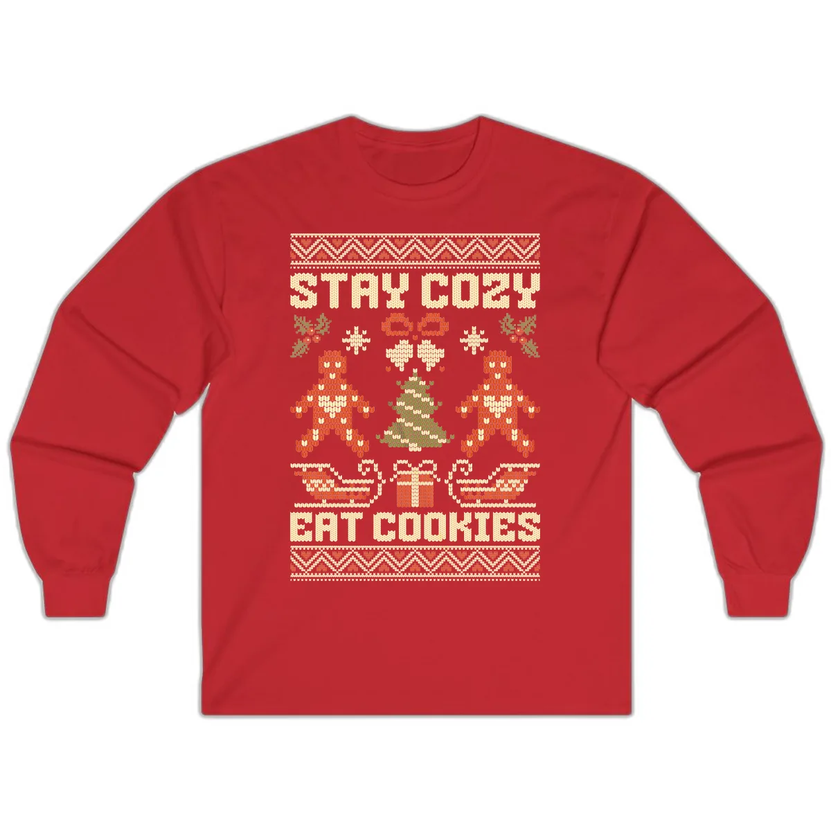 Stay Cozy Eat Cookies Ugly Christmas Sweater Long Sleeve in Red