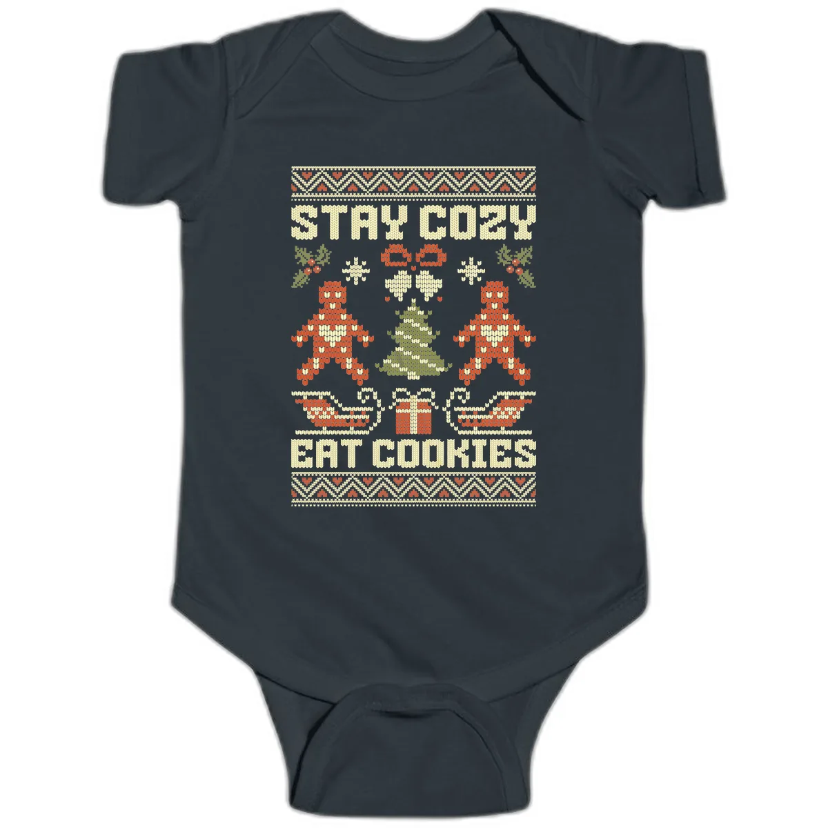 Stay Cozy Eat Cookies Ugly Christmas Sweater Baby Onesie in Black