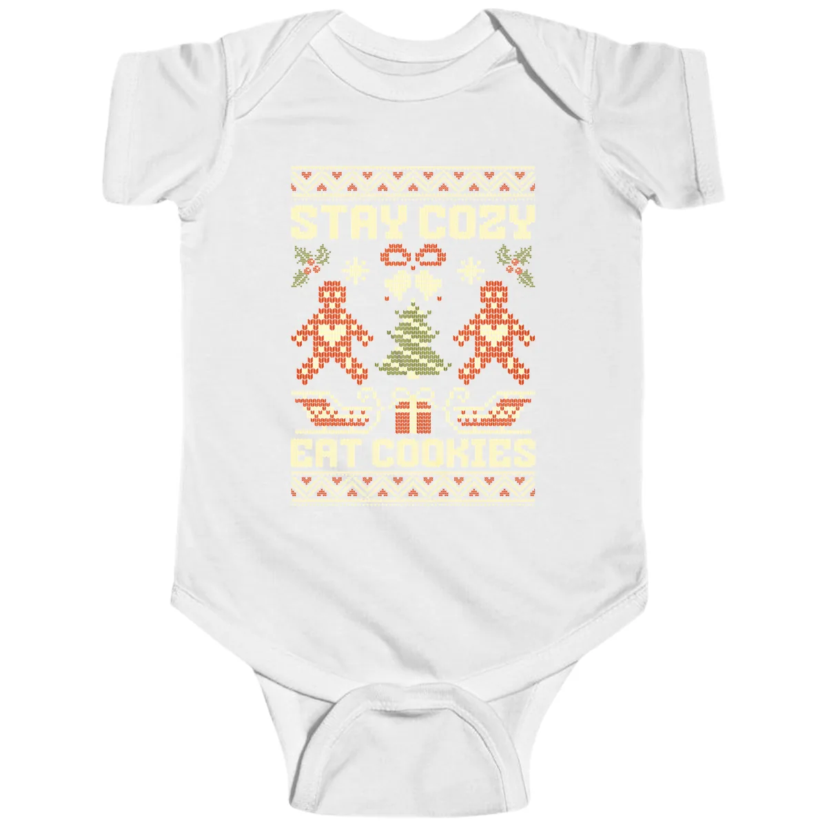 Stay Cozy Eat Cookies Ugly Christmas Sweater Baby Onesie in White