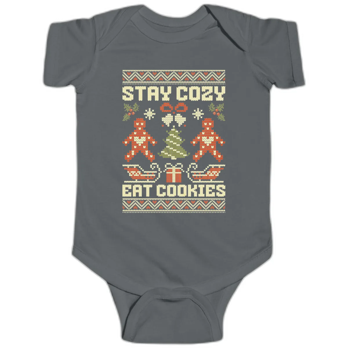 Stay Cozy Eat Cookies Ugly Christmas Sweater Baby Onesie in Charcoal