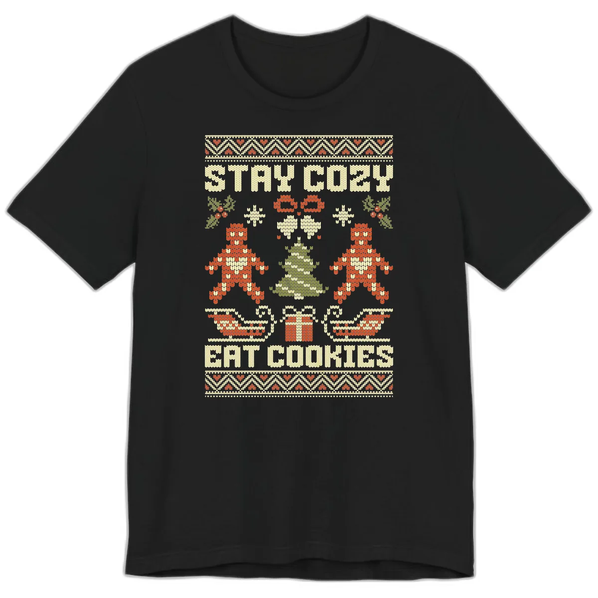 Stay Cozy Eat Cookies Ugly Christmas Sweater Premium T-Shirt in Black