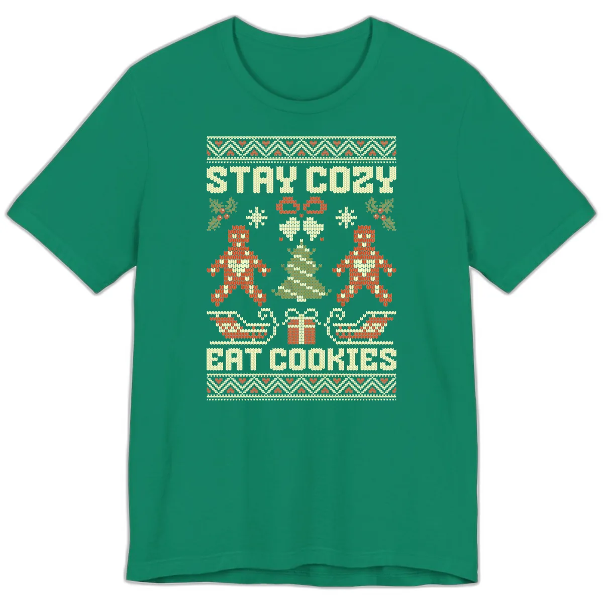 Stay Cozy Eat Cookies Ugly Christmas Sweater Premium T-Shirt in Kelly