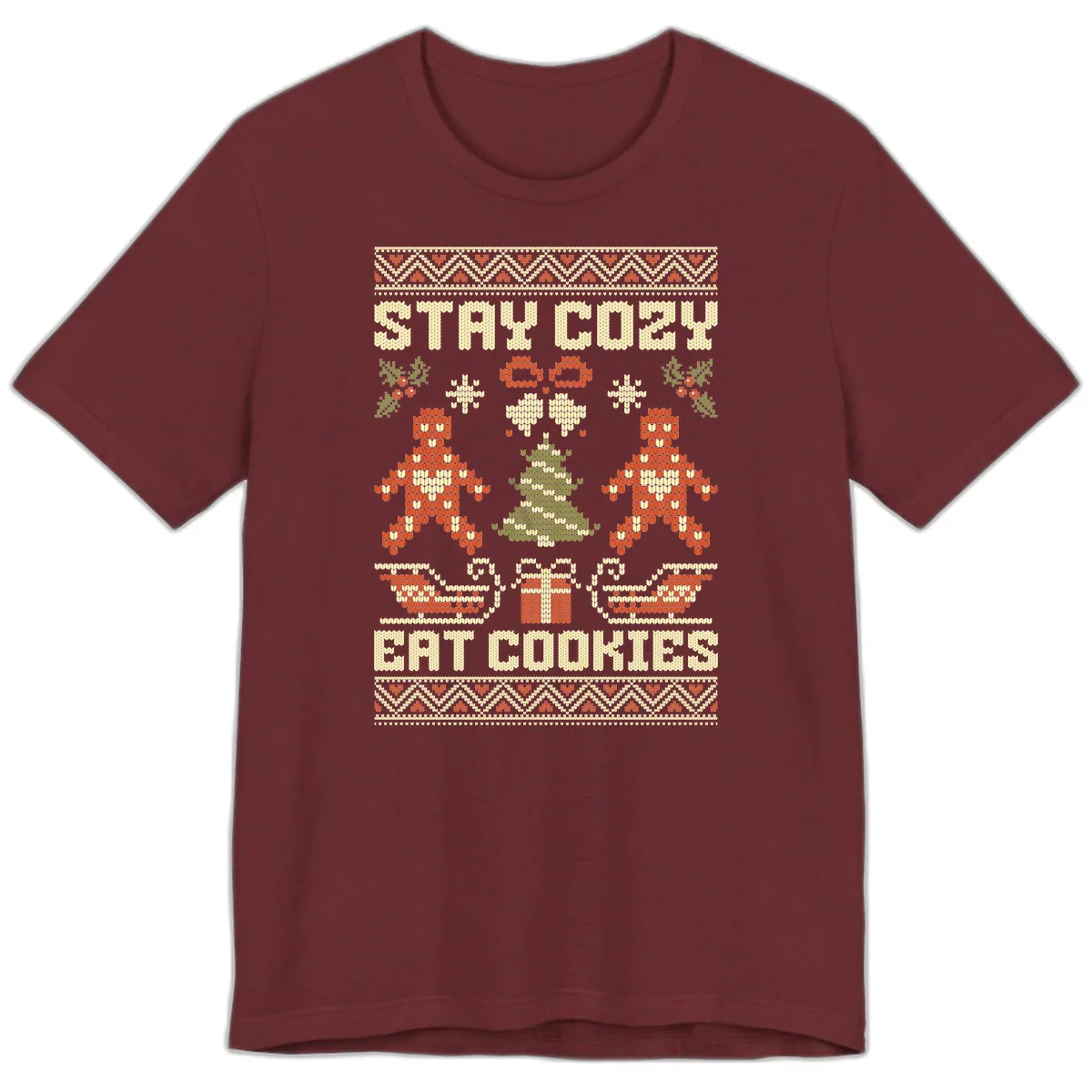 Stay Cozy Eat Cookies Ugly Christmas Sweater Premium T-Shirt in Heather Cardinal