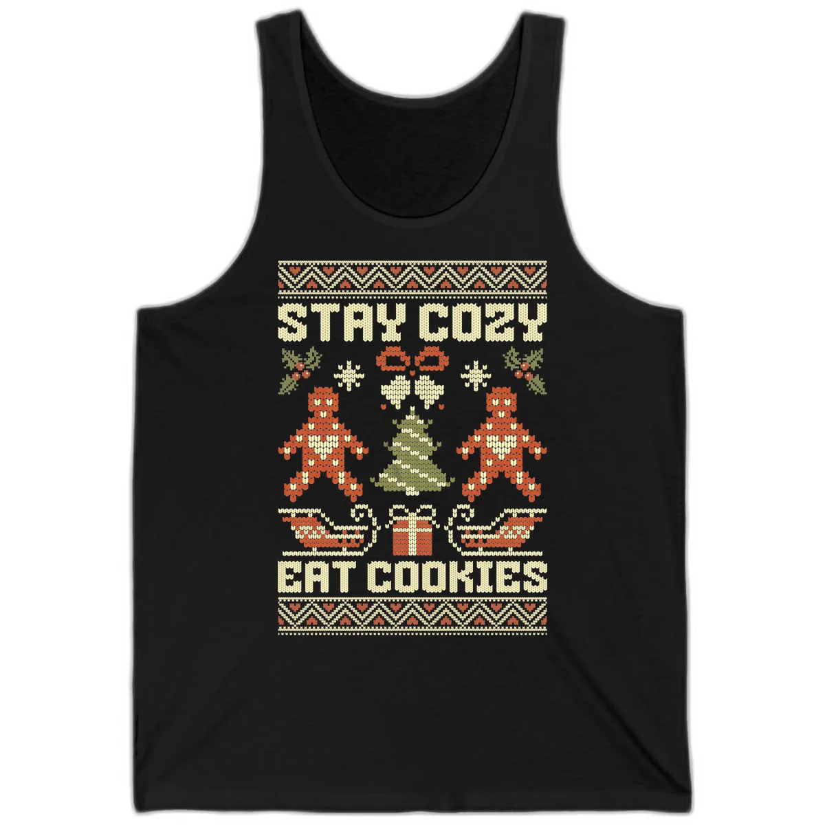 Stay Cozy Eat Cookies Ugly Christmas Sweater Tank in Black