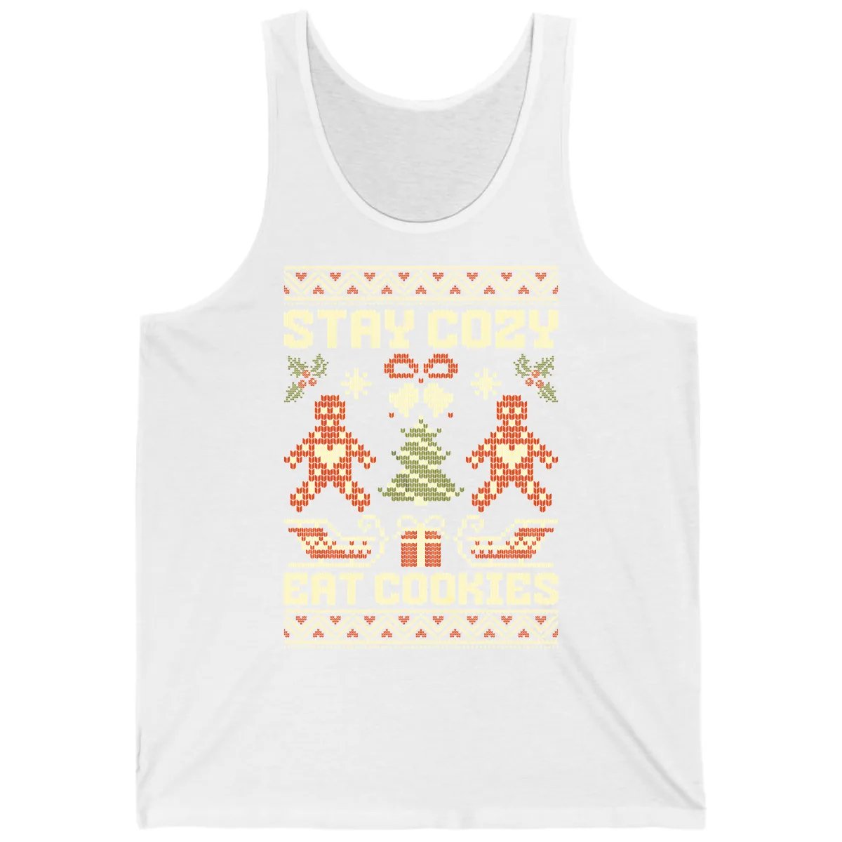 Stay Cozy Eat Cookies Ugly Christmas Sweater Tank in White
