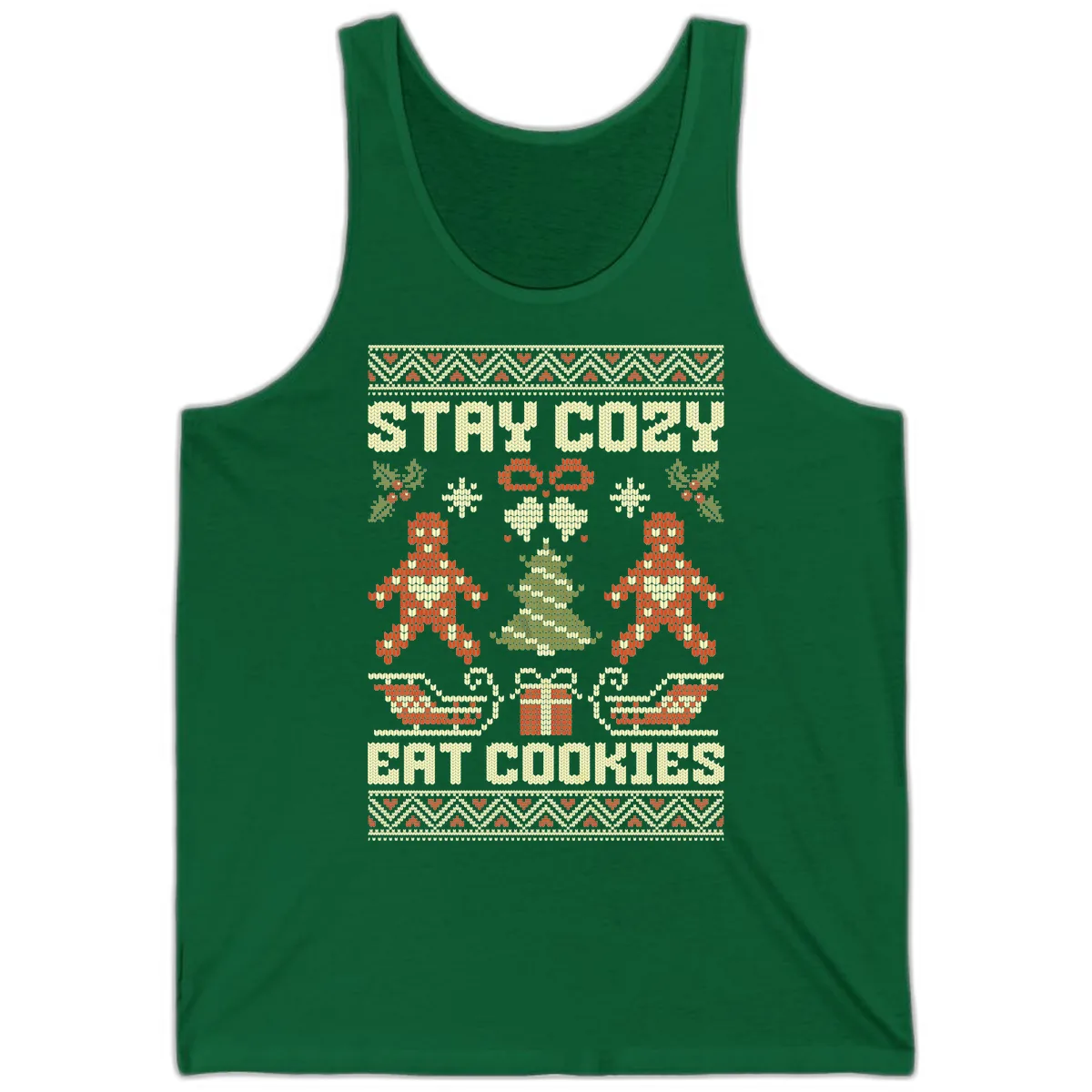 Stay Cozy Eat Cookies Ugly Christmas Sweater Tank in Kelly