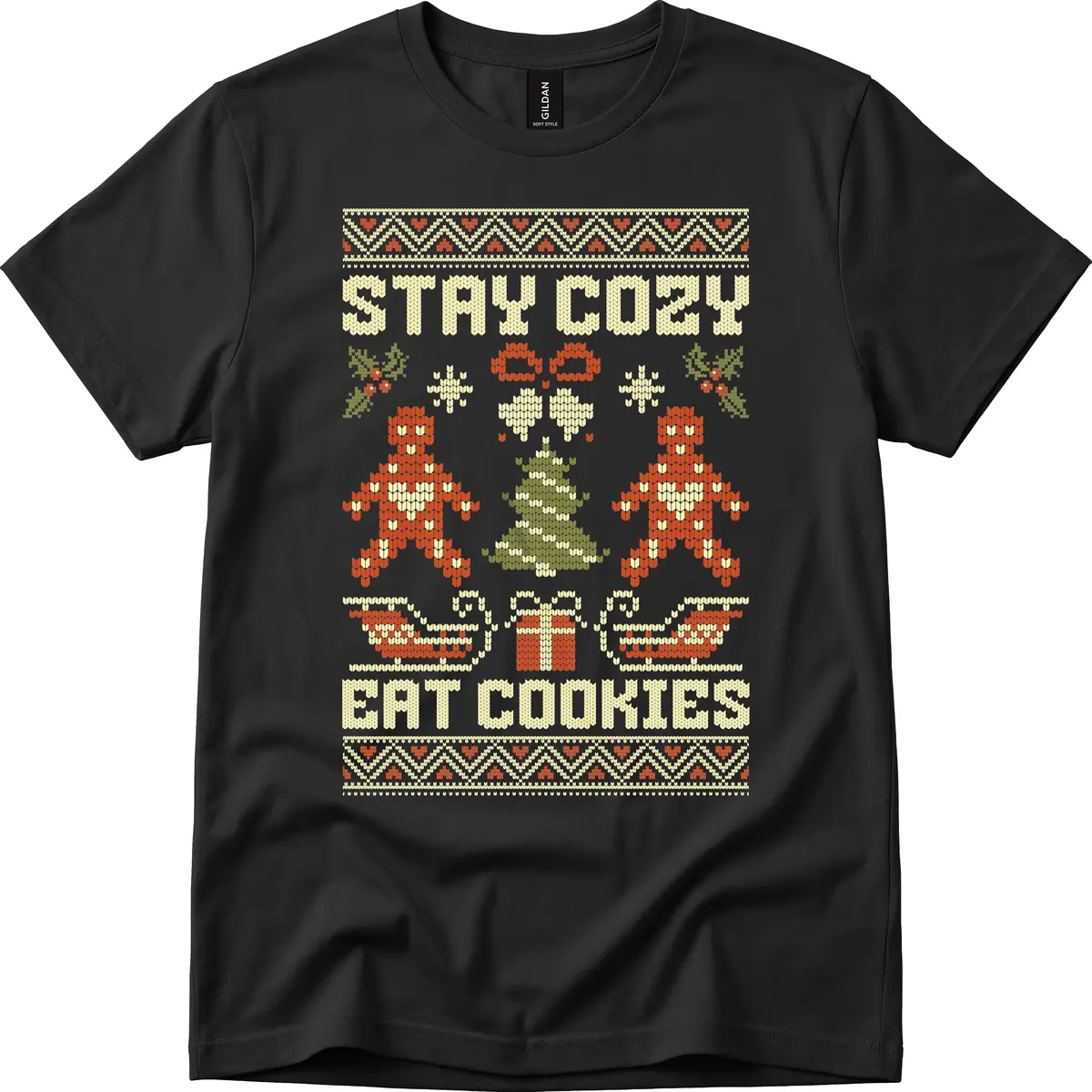Stay Cozy Eat Cookies Ugly Christmas Sweater T-Shirt in Black
