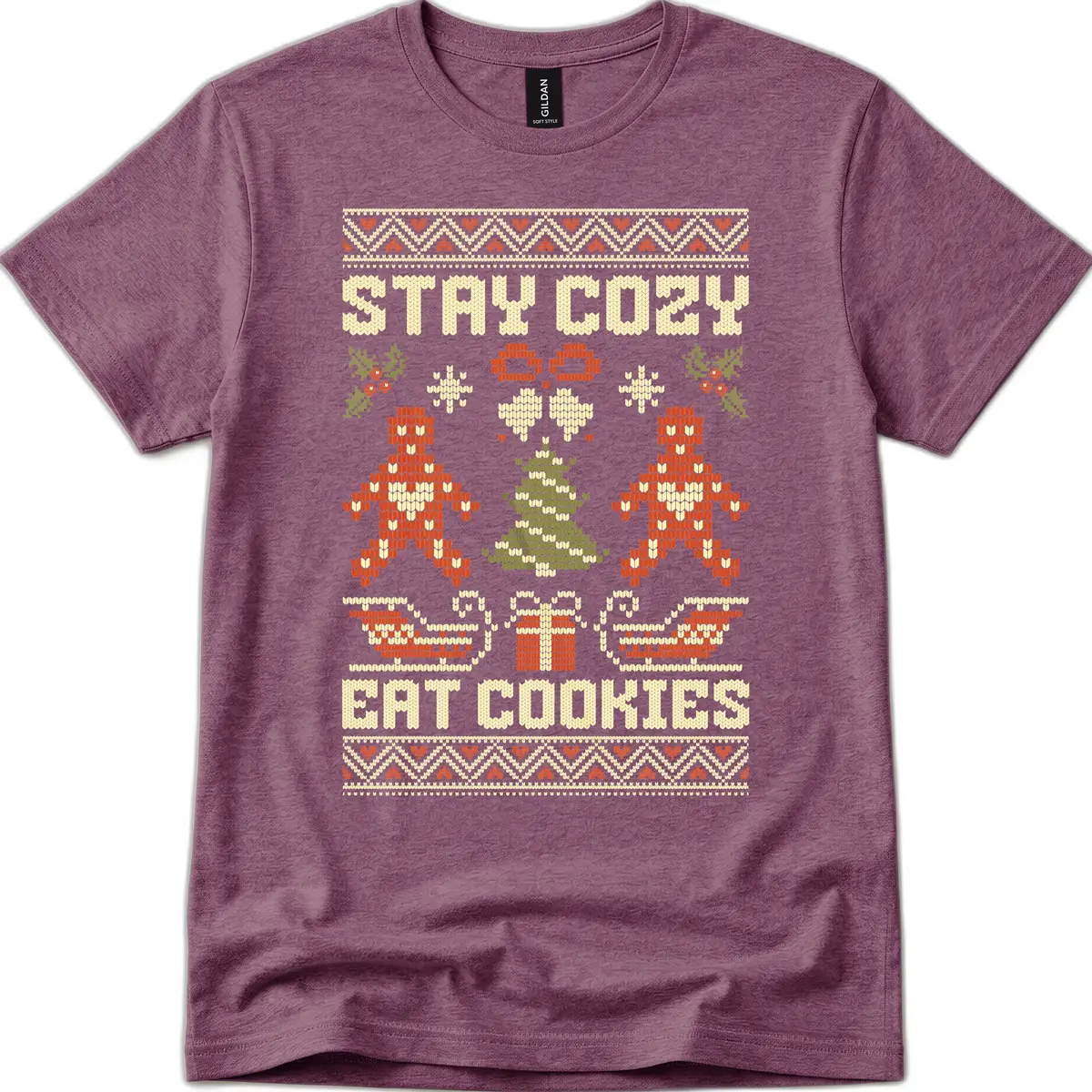 Stay Cozy Eat Cookies Ugly Christmas Sweater T-Shirt in Heather Maroon