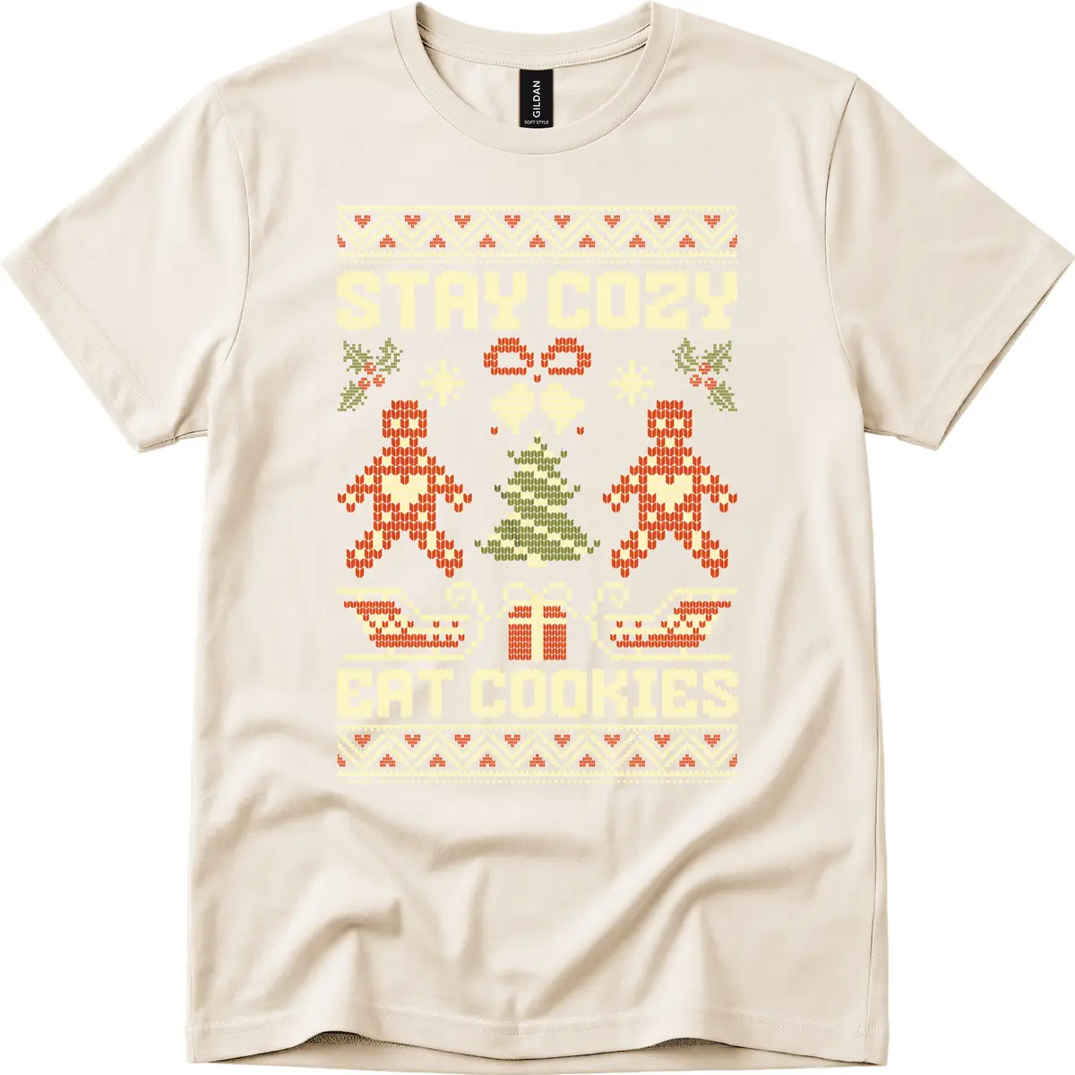 Stay Cozy Eat Cookies Ugly Christmas Sweater T-Shirt in Natural