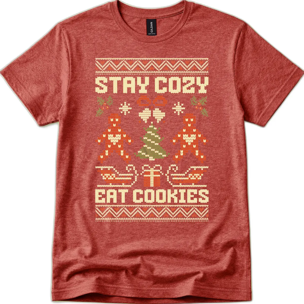 Stay Cozy Eat Cookies Ugly Christmas Sweater T-Shirt in Heather Cardinal