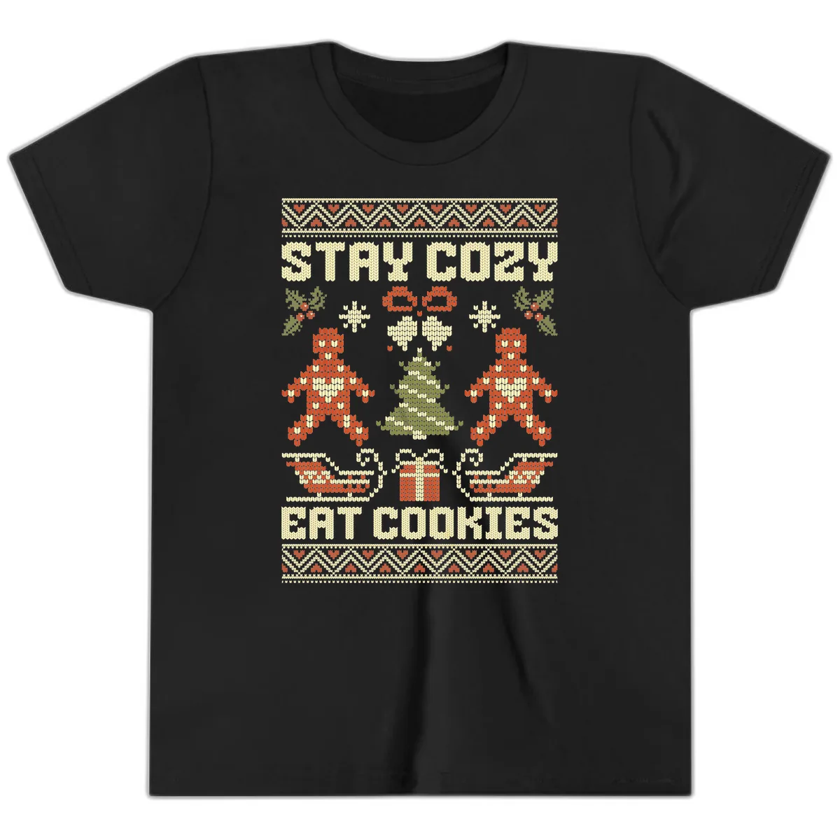 Stay Cozy Eat Cookies Ugly Christmas Sweater Youth T-Shirt in Black