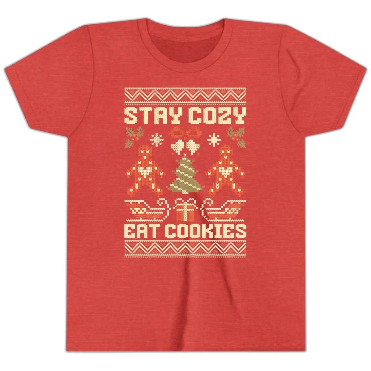 Stay Cozy Eat Cookies Ugly Christmas Sweater Youth T-Shirt in Heather Red