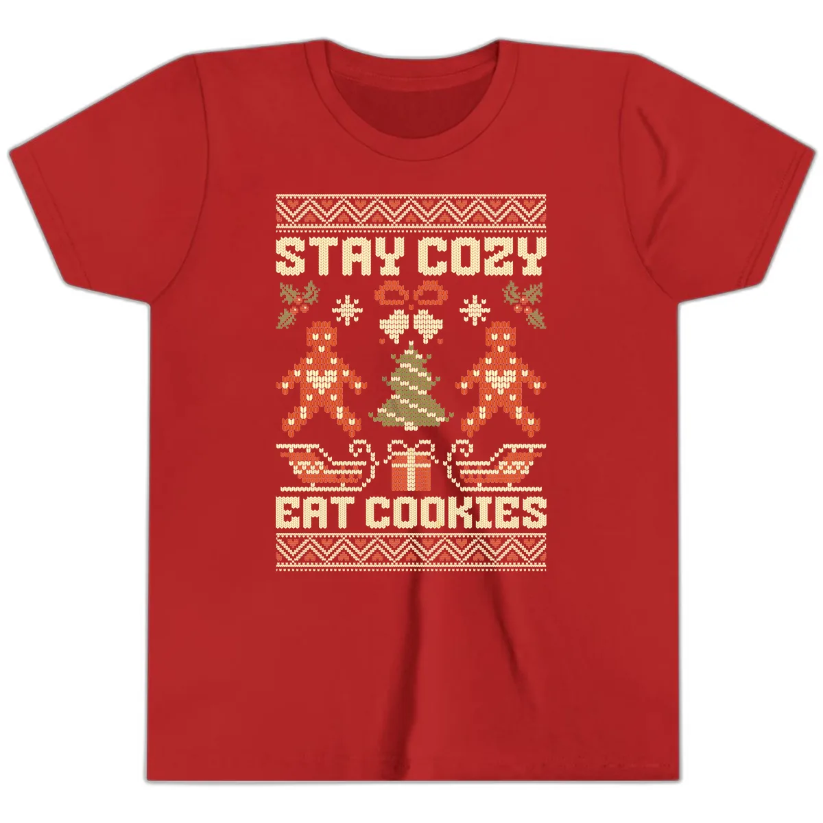 Stay Cozy Eat Cookies Ugly Christmas Sweater Youth T-Shirt in Red