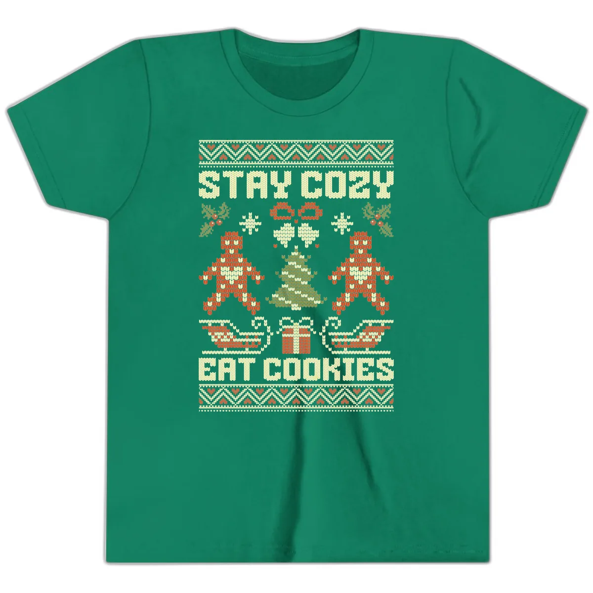 Stay Cozy Eat Cookies Ugly Christmas Sweater Youth T-Shirt in Kelly