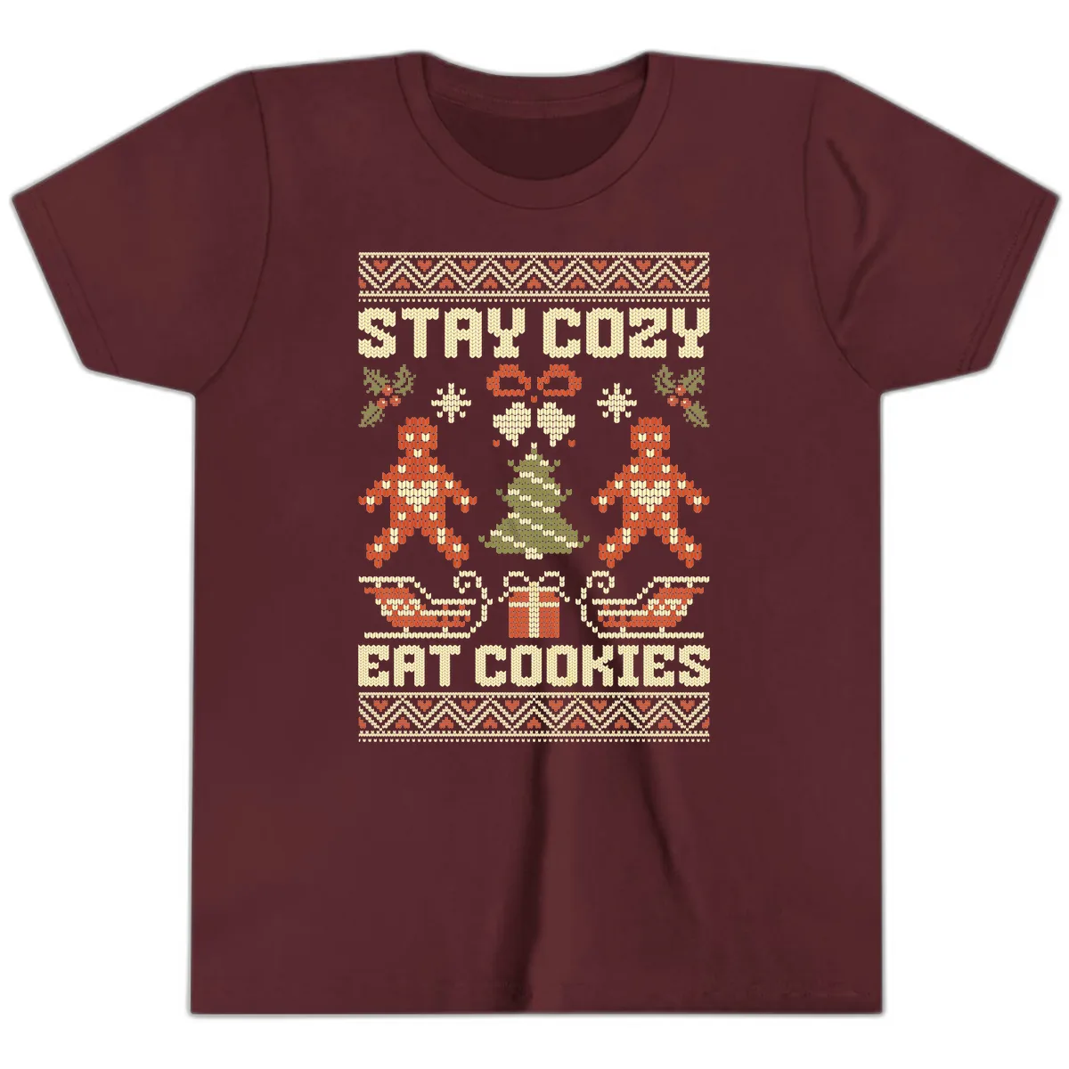 Stay Cozy Eat Cookies Ugly Christmas Sweater Youth T-Shirt in Maroon