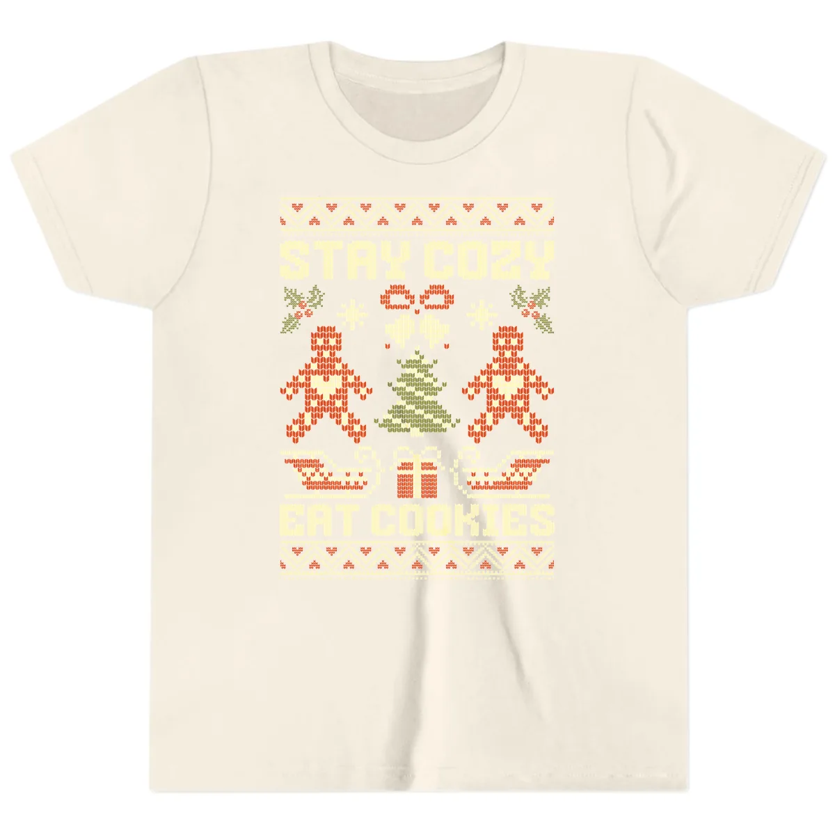 Stay Cozy Eat Cookies Ugly Christmas Sweater Youth T-Shirt in Natural