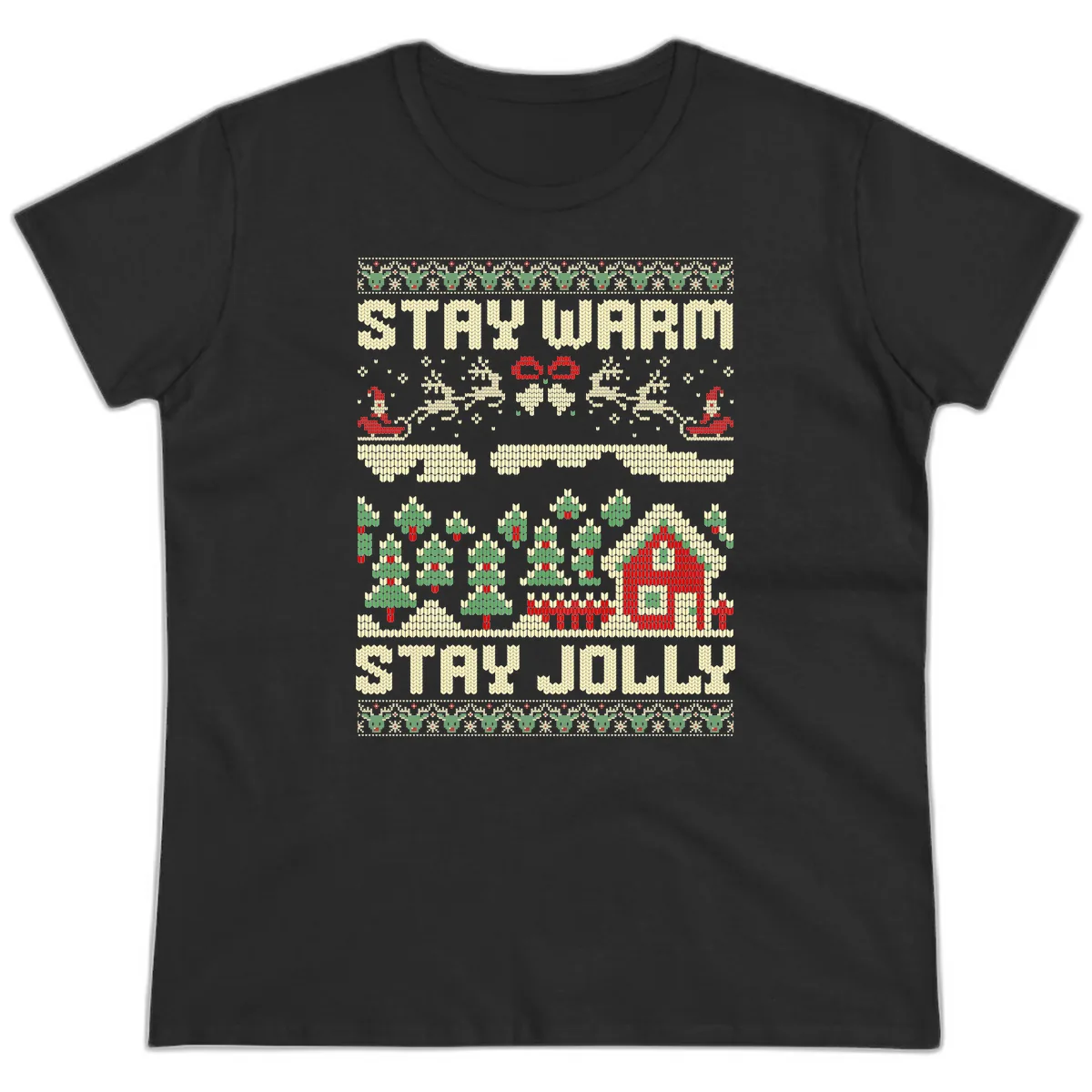 Ugly Christmas Sweater Style Design Ladies Tee in Black