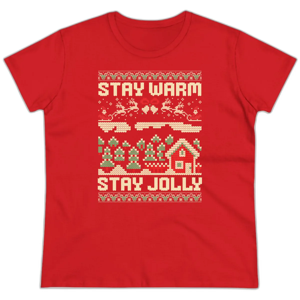 Ugly Christmas Sweater Style Design Ladies Tee in Red
