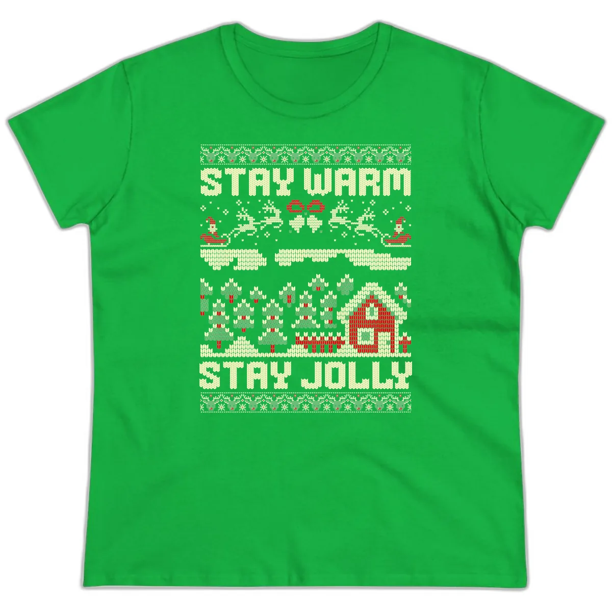 Ugly Christmas Sweater Style Design Ladies Tee in Irish Green