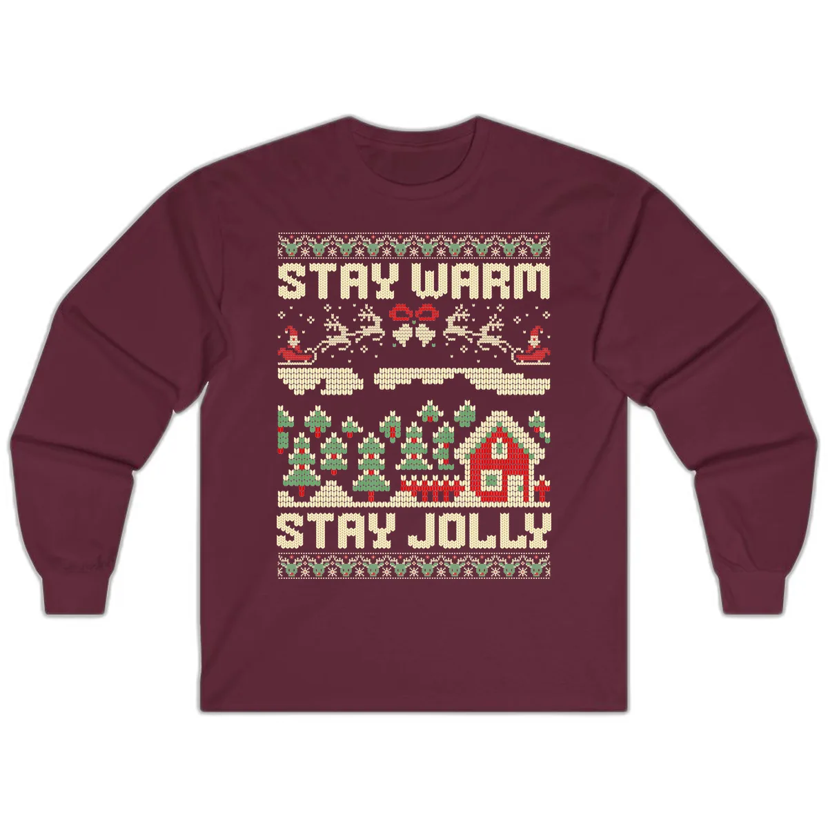 Ugly Christmas Sweater Style Design Long Sleeve in Maroon