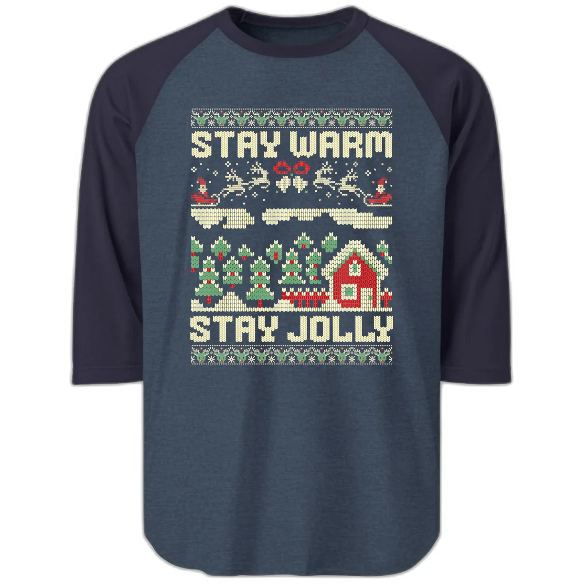 Ugly Christmas Sweater Style Design Raglan 3/4 in Heather Denim Navy