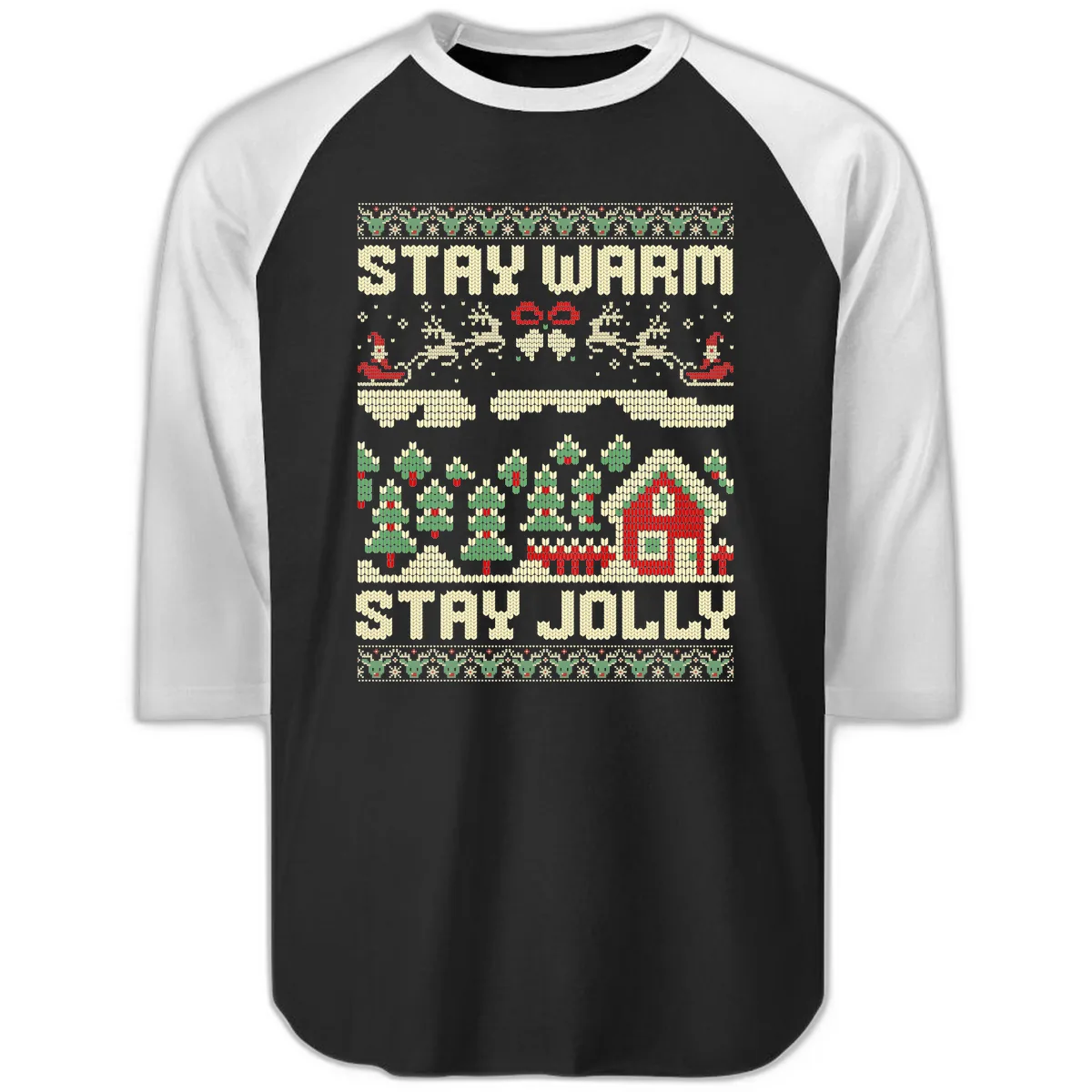 Ugly Christmas Sweater Style Design Raglan 3/4 in Black White