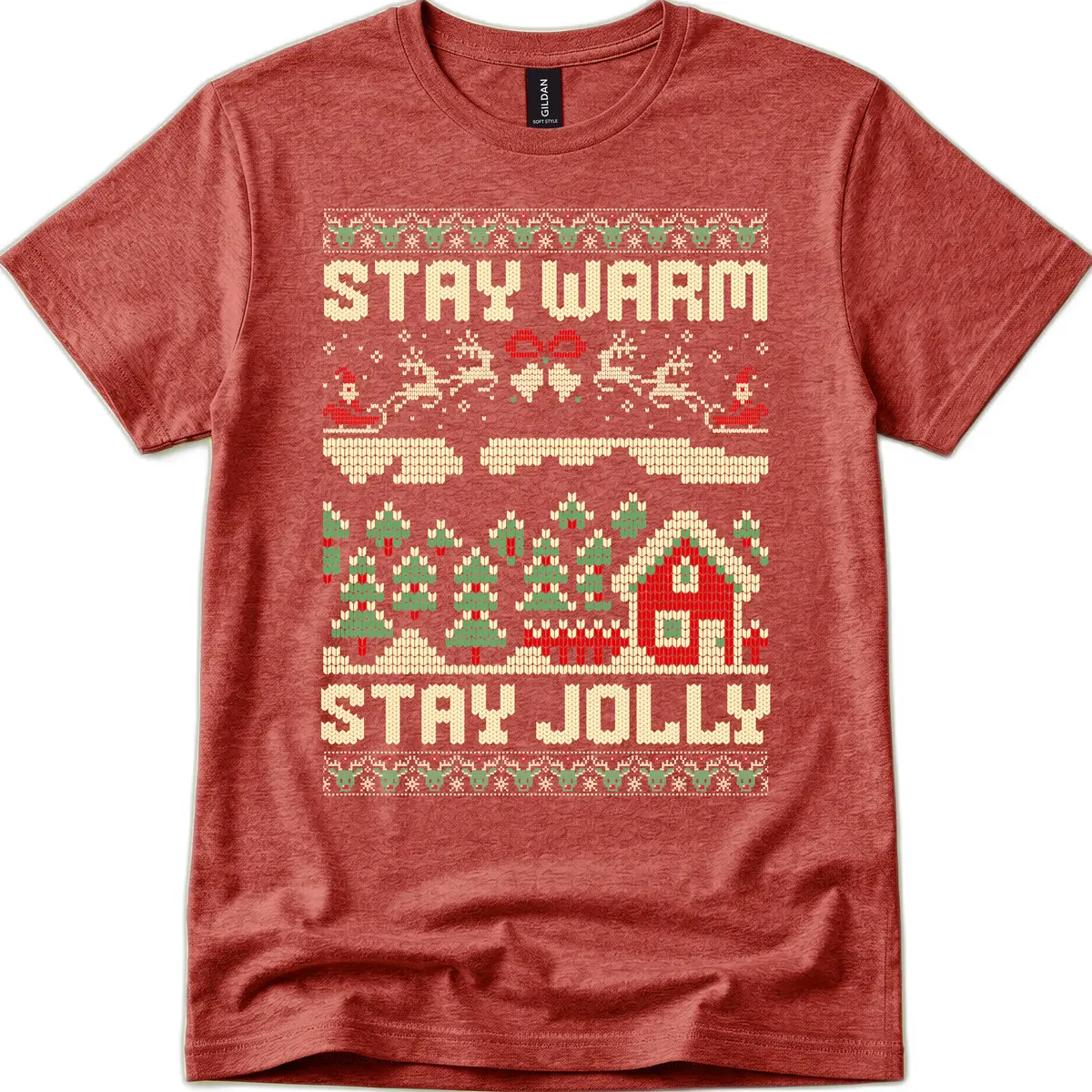 Ugly Christmas Sweater Style Design T-Shirt in Heather Cardinal