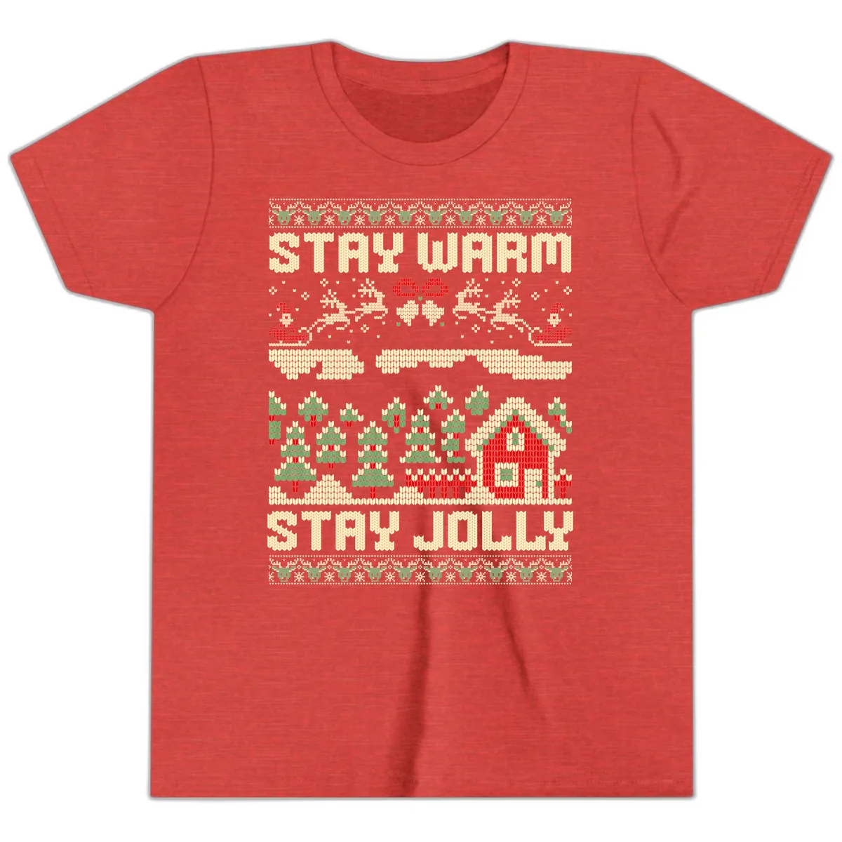 Ugly Christmas Sweater Style Design Youth T-Shirt in Heather Red