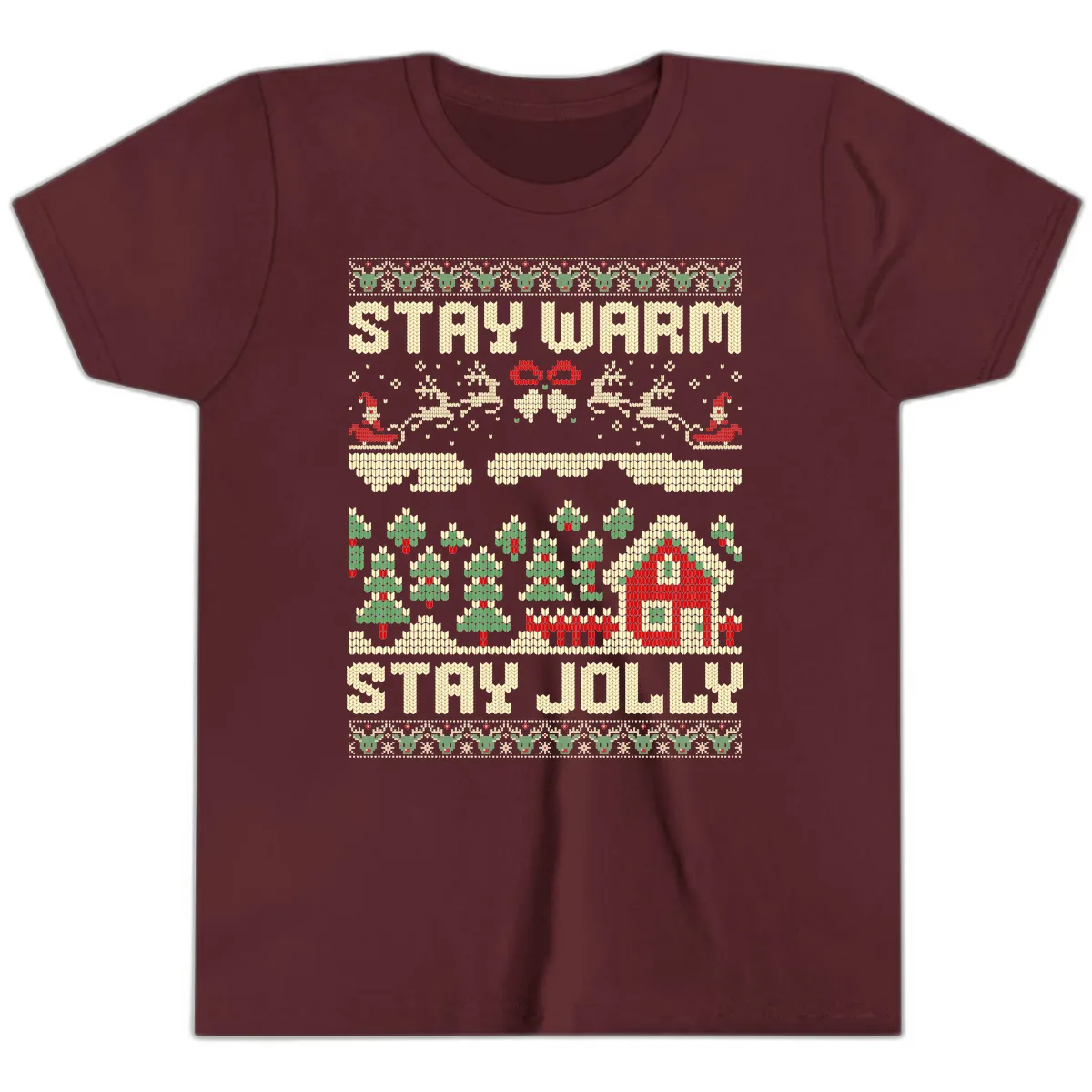 Ugly Christmas Sweater Style Design Youth T-Shirt in Maroon