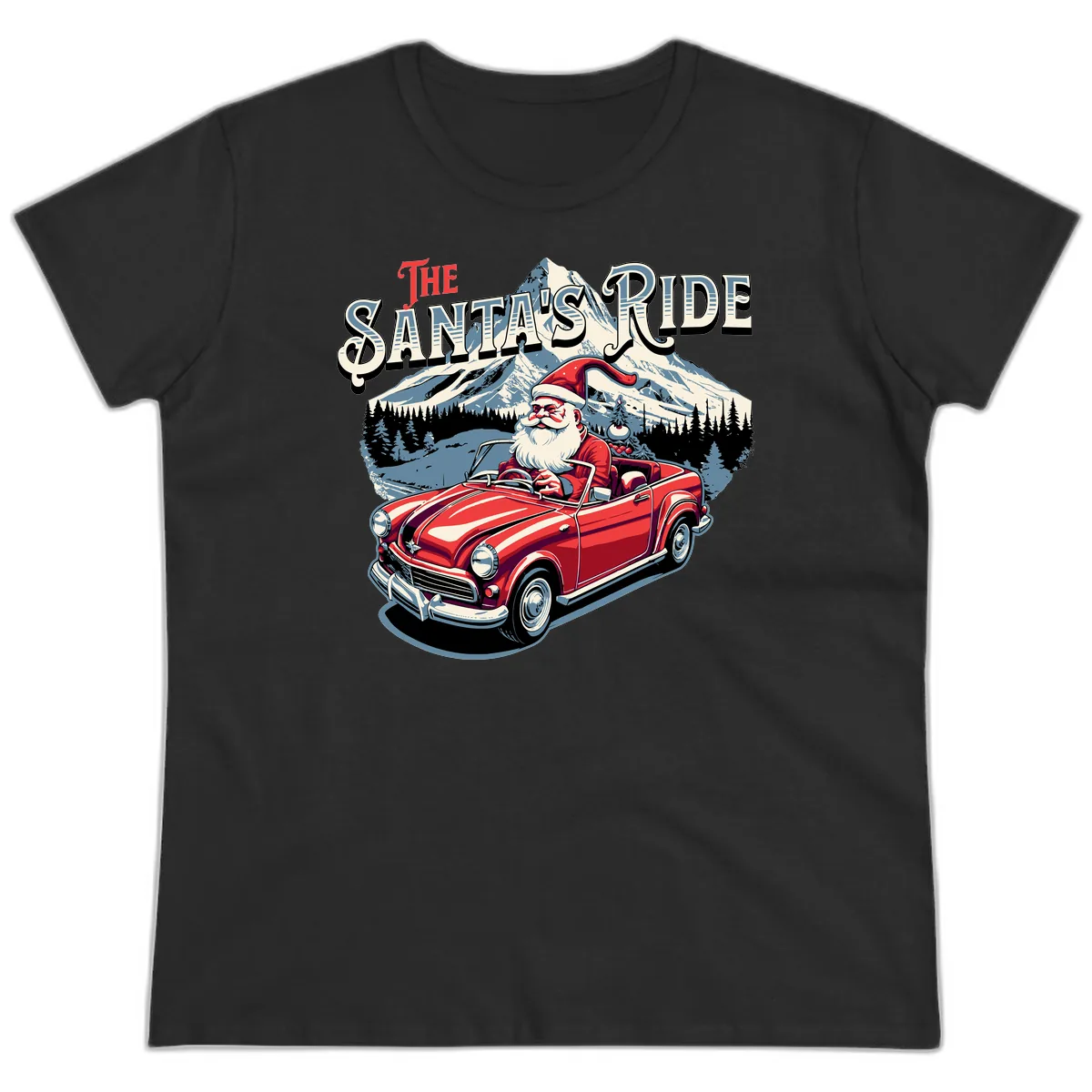 The Santa's Ride Christmas Graphic Ladies Tee in Black