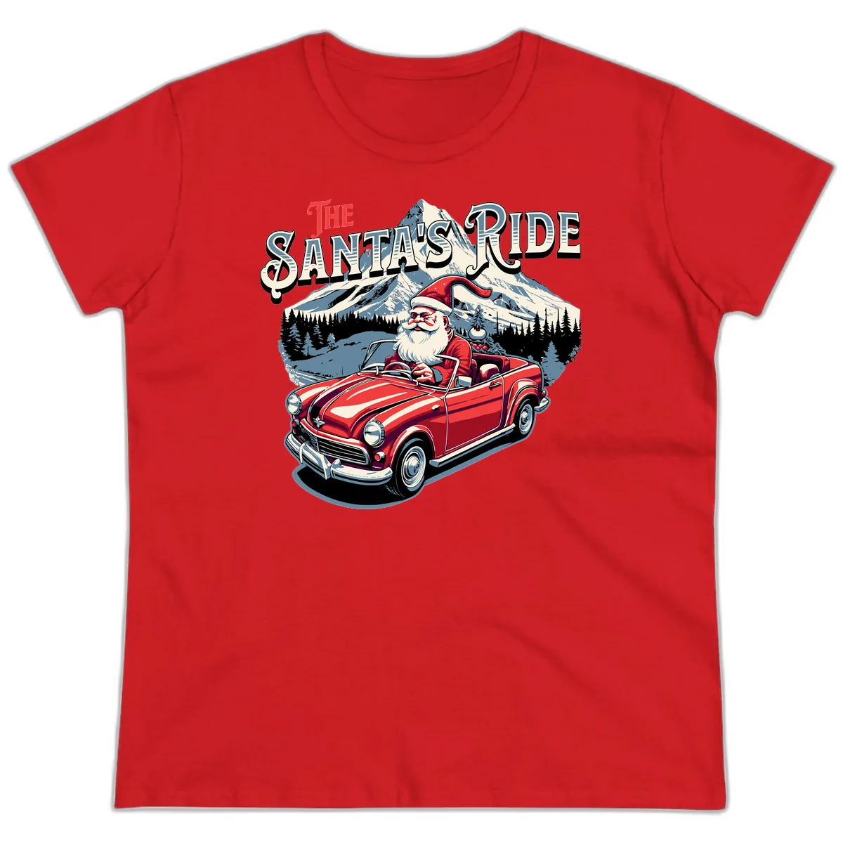 The Santa's Ride Christmas Graphic Ladies Tee in Red