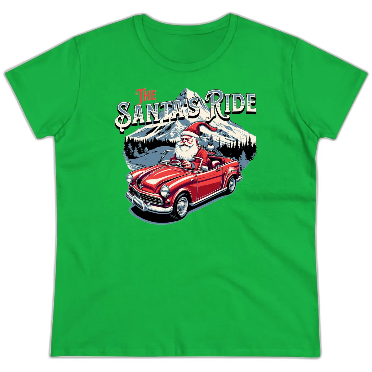 The Santa's Ride Christmas Graphic Ladies Tee in Irish Green