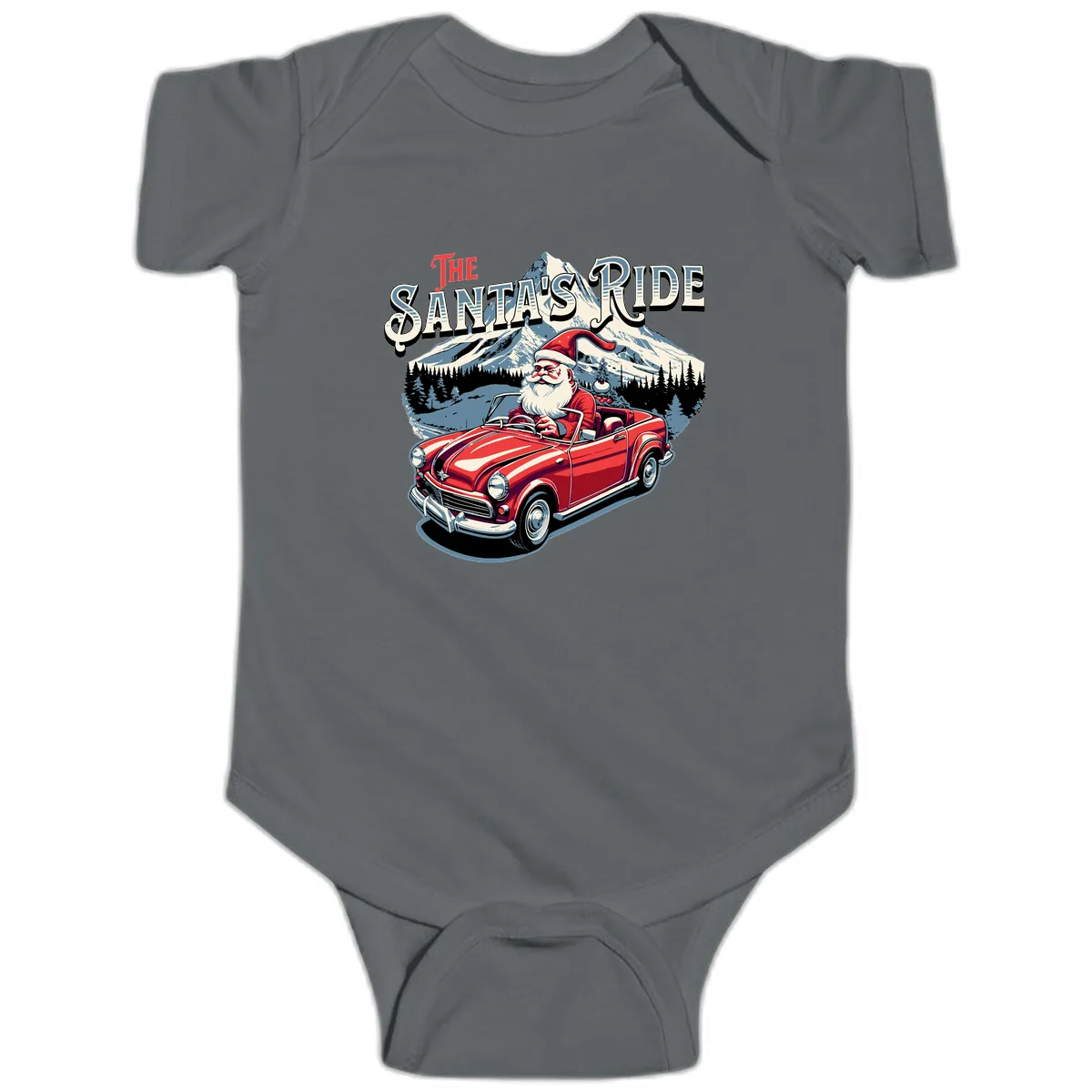 The Santa's Ride Christmas Graphic Baby Onesie in Charcoal