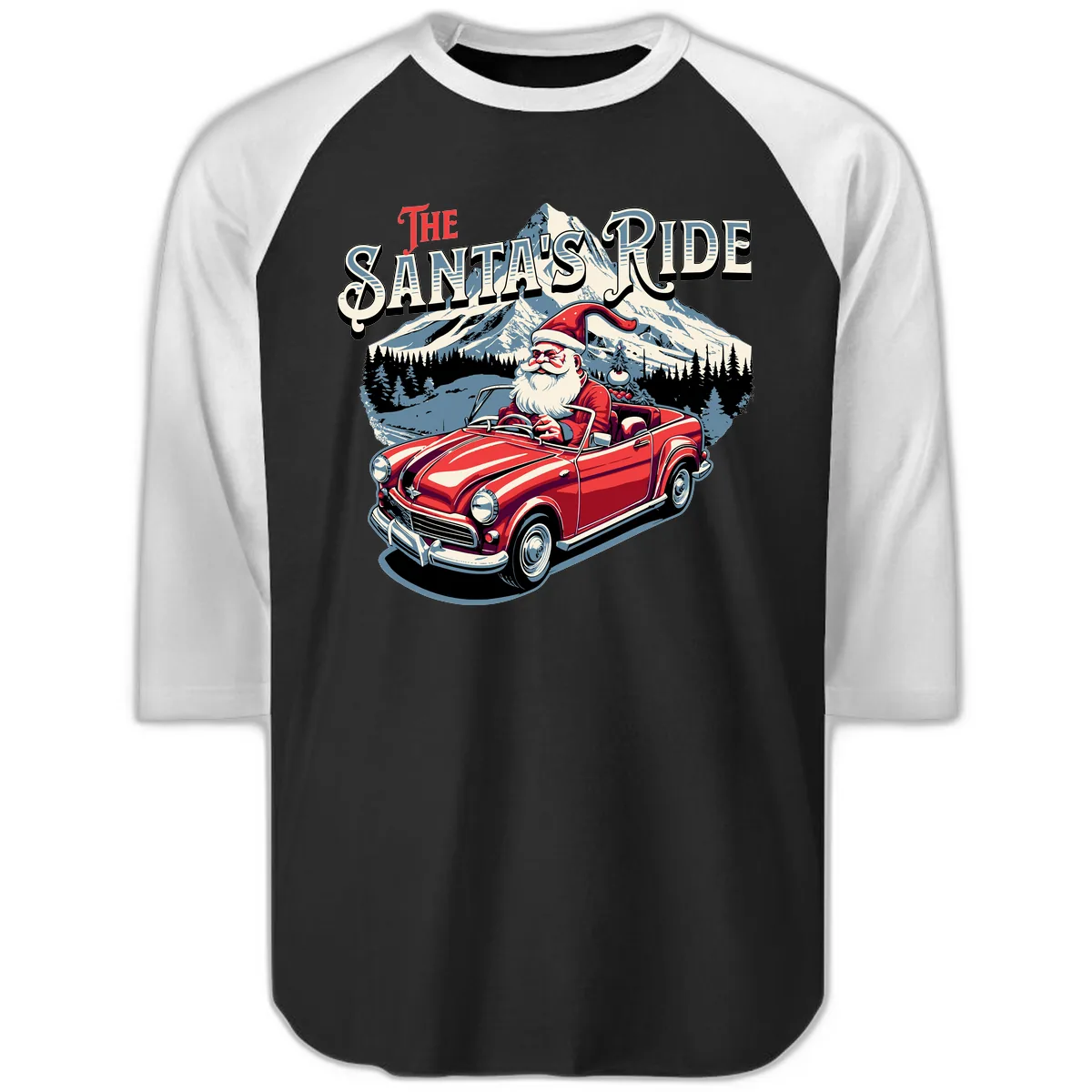 The Santa's Ride Christmas Graphic Raglan 3/4 in Black White