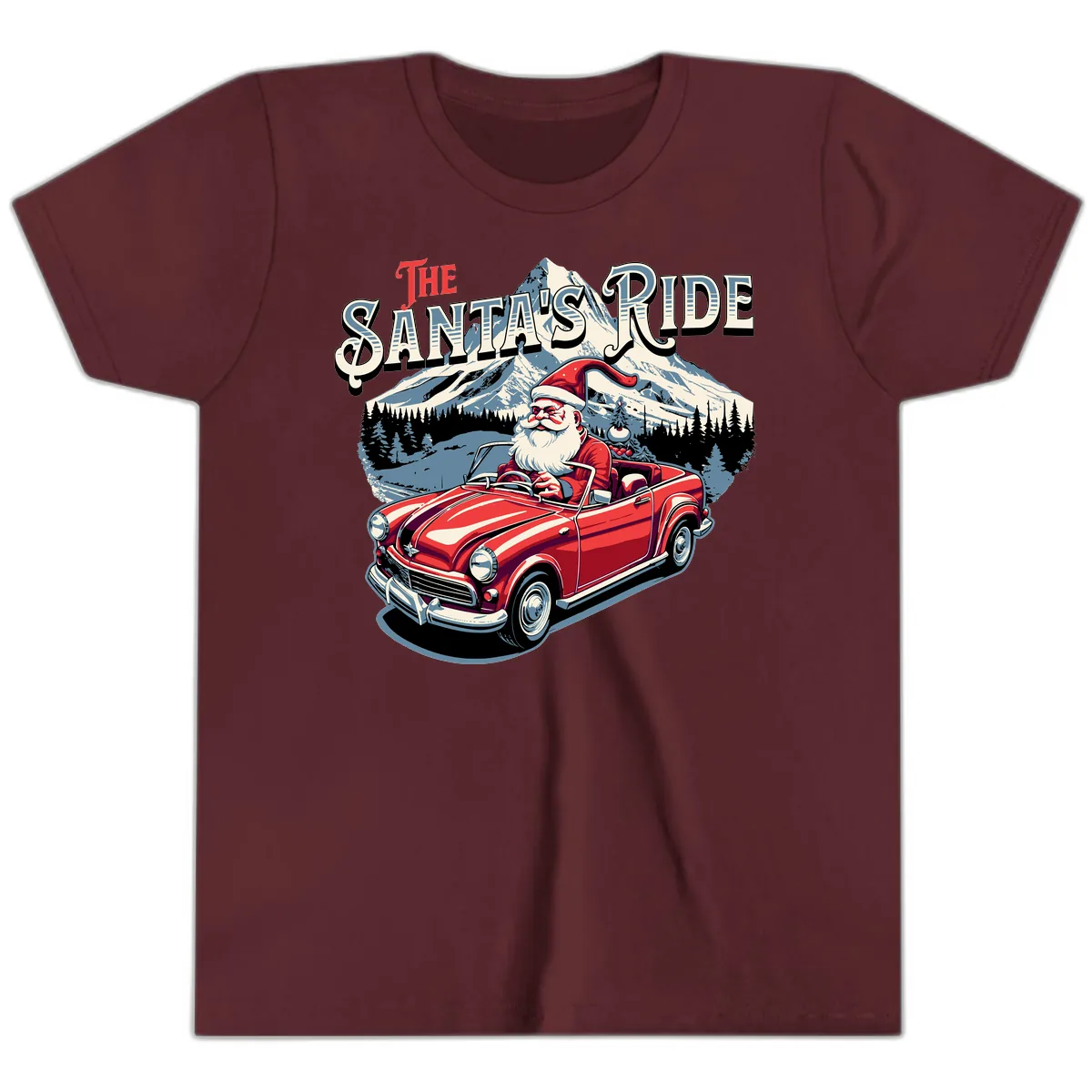 The Santa's Ride Christmas Graphic Youth T-Shirt in Maroon