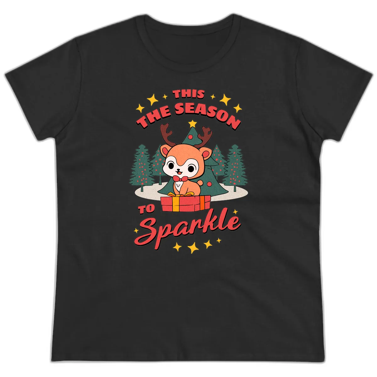 This Season To Sparkle Reindeer Ladies Tee in Black