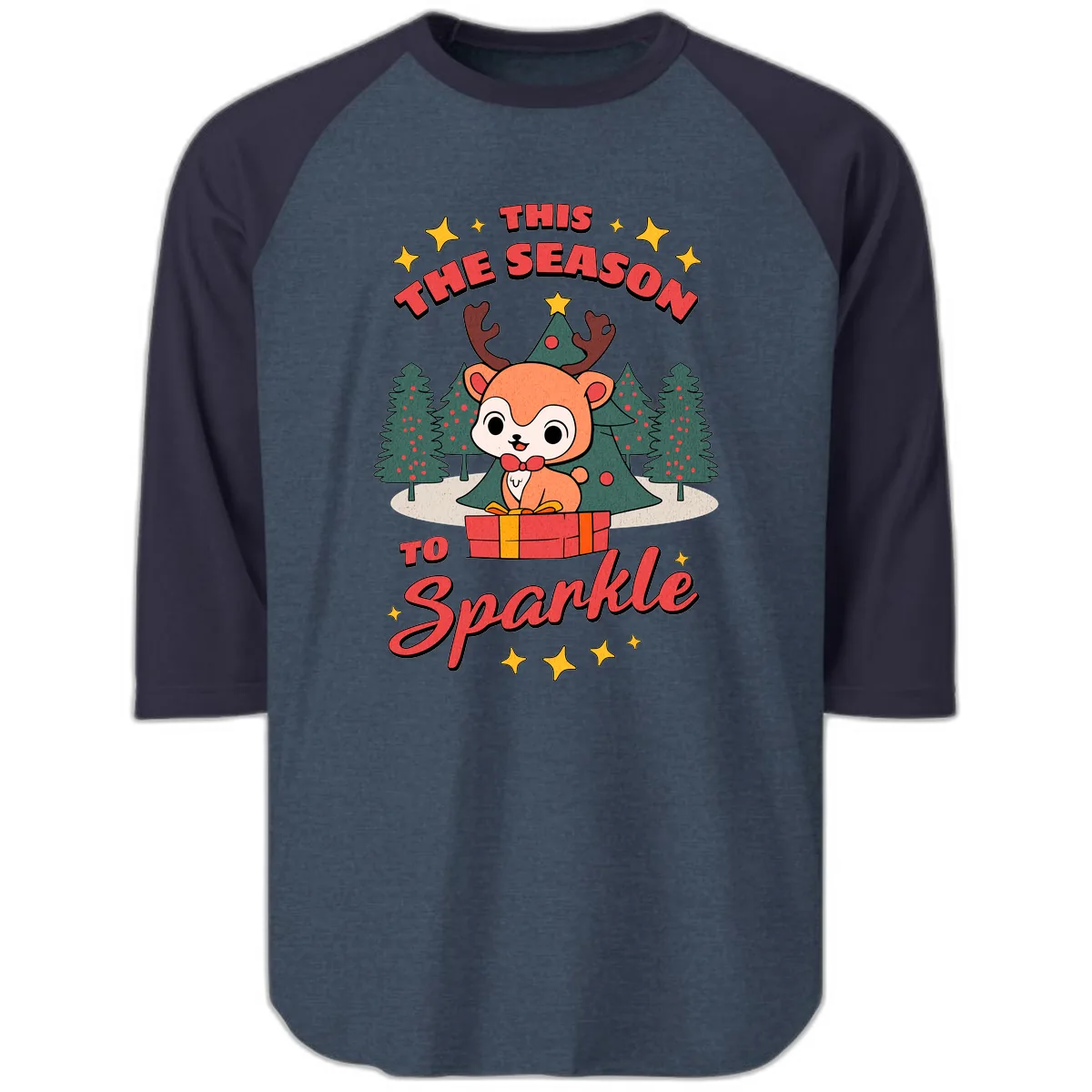 This Season To Sparkle Reindeer Raglan 3/4 in Heather Denim Navy