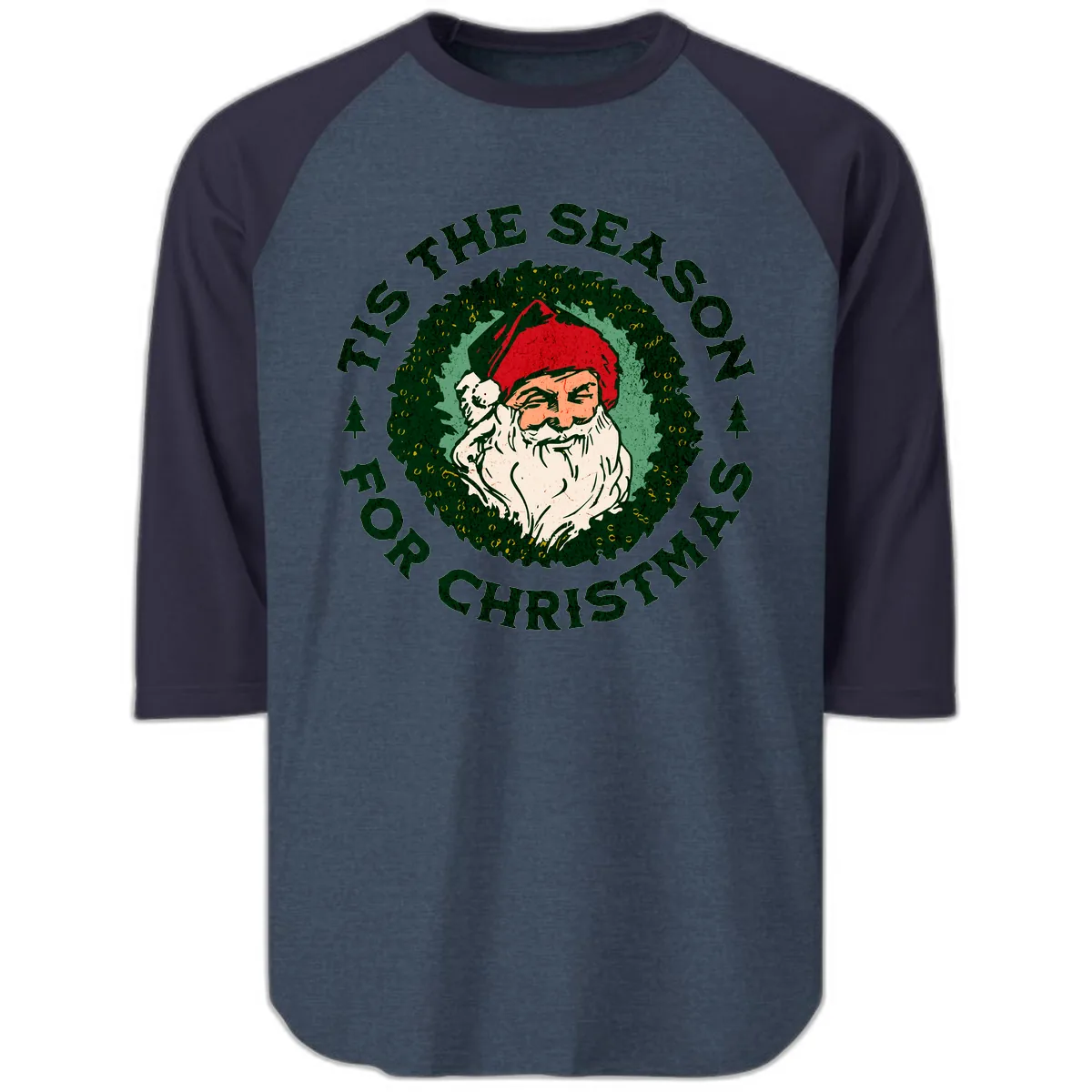Tis The Season For Christmas Santa Raglan 3/4 in Heather Denim Navy