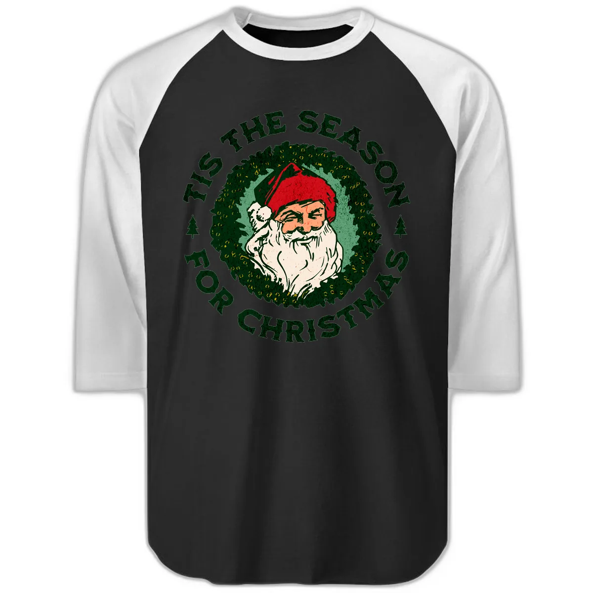 Tis The Season For Christmas Santa Raglan 3/4 in Black White