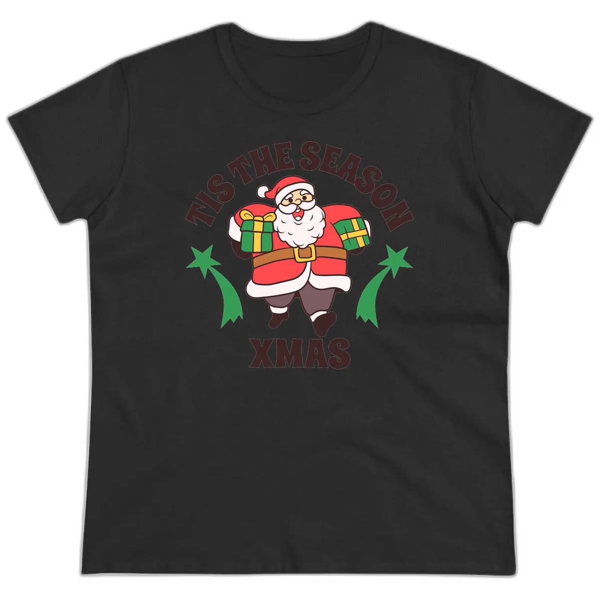 Tis The Season For Presents Santa Ladies Tee in Black