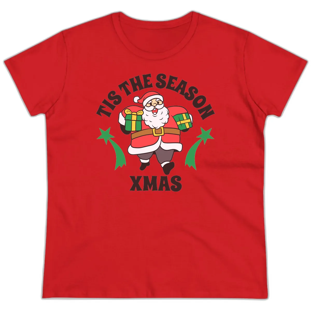 Tis The Season For Presents Santa Ladies Tee in Red