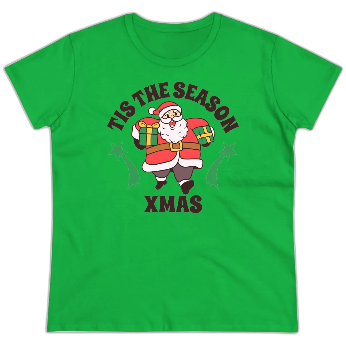 Tis The Season For Presents Santa Ladies Tee in Irish Green