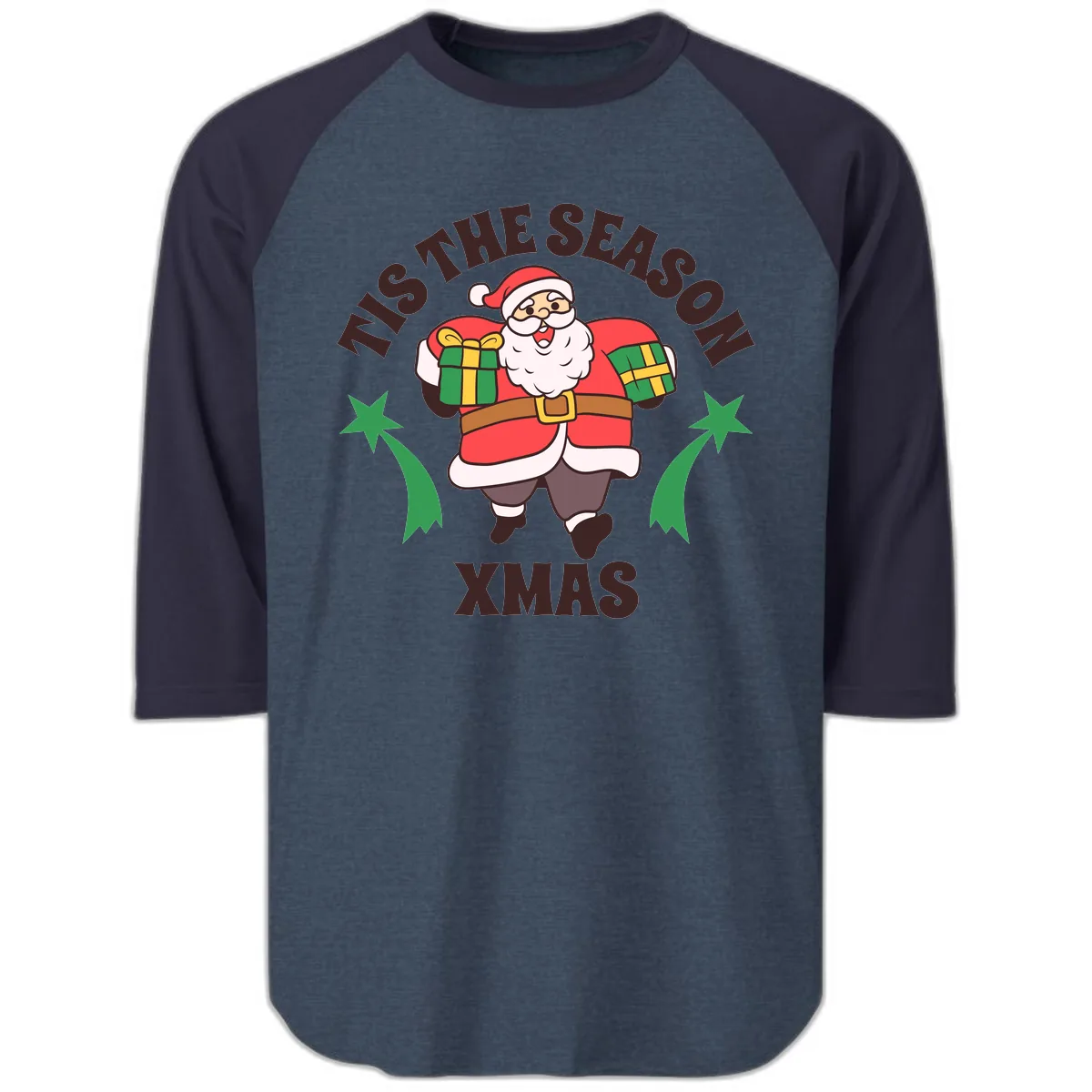 Tis The Season For Presents Santa Raglan 3/4 in Heather Denim Navy