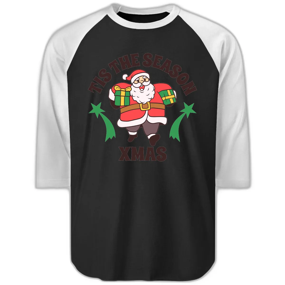 Tis The Season For Presents Santa Raglan 3/4 in Black White