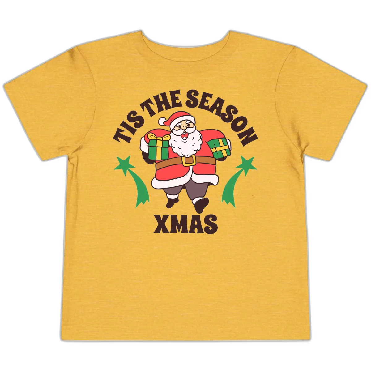 Tis The Season For Presents Santa Toddler T-Shirt in Heather Yellow Gold
