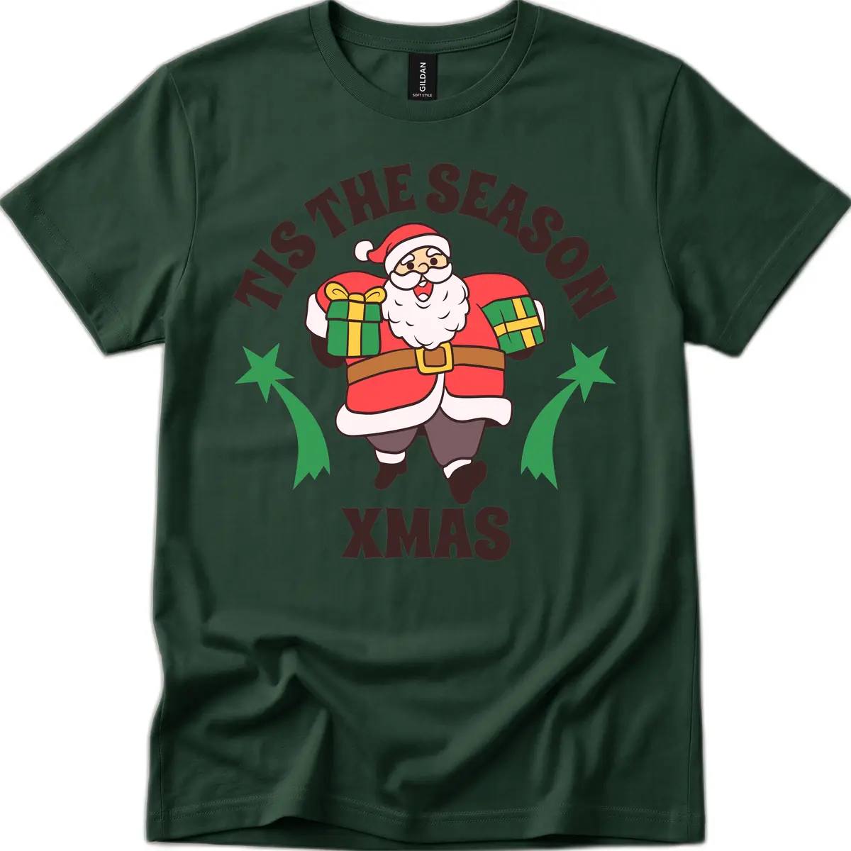 Tis The Season For Presents Santa T-Shirt in Forest Green