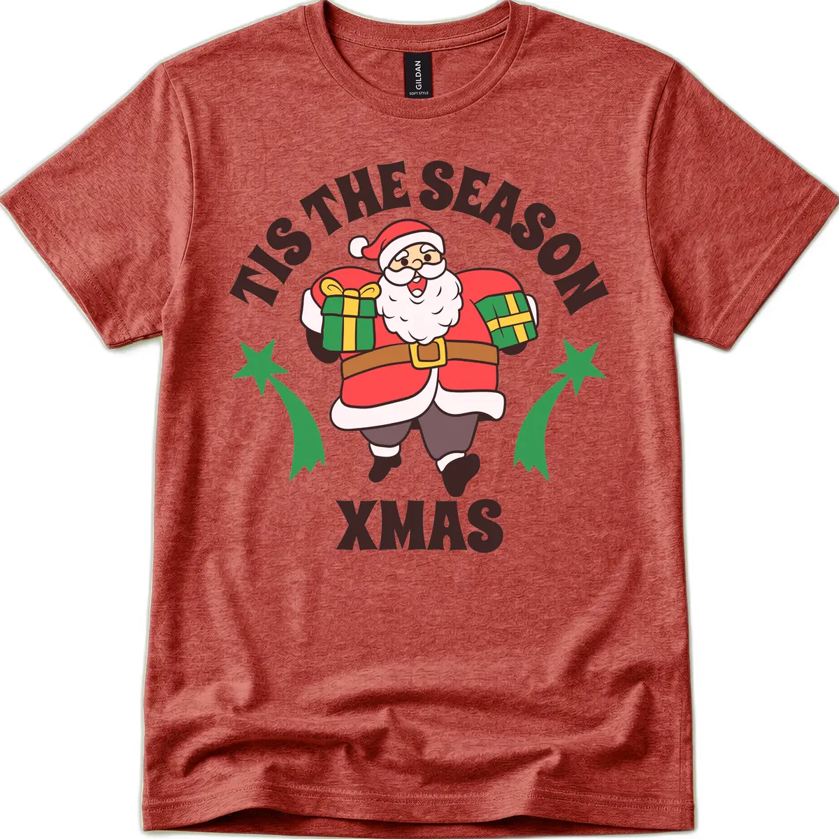 Tis The Season For Presents Santa T-Shirt in Heather Cardinal